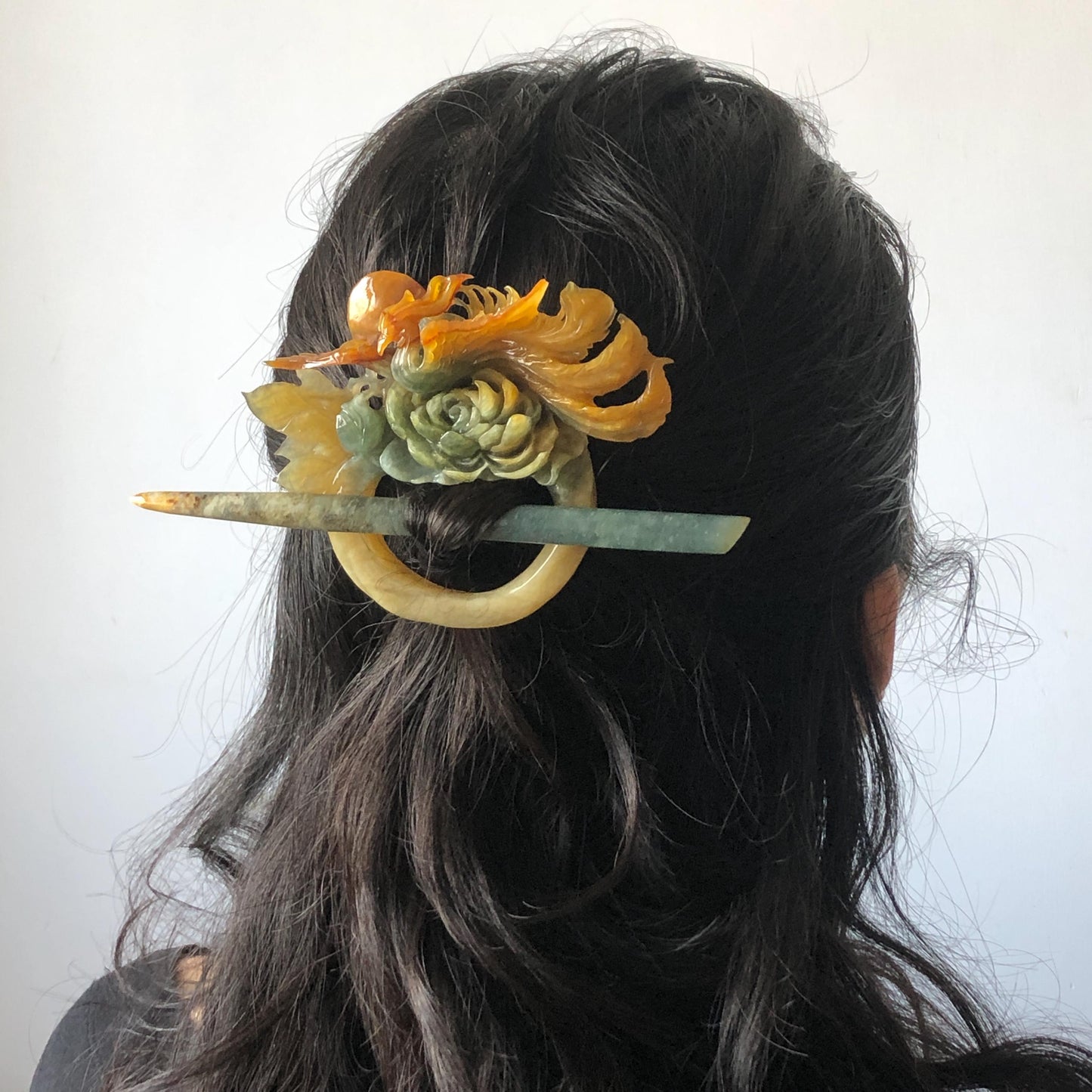 Xiu Jade Phoenix & Peony Hand Carved Hair Pin: Certified Natural Serpentine Multicolor Orange Yellow Green Jade Hanfu Handcrafted Hair Stick | Asian Chinese Vintage Style gift for her hand carved phoenix carving hand engraved phoenix hair stick phoenix carving red phoenix fire phoenix hair fork red jade orange jade yellow jade chinese jade with certificate korean hair pin japanese hair stick hair fork hair comb hanfu hair stick peony carving 3D stone carving bridal headpiece wedding hair jewelry