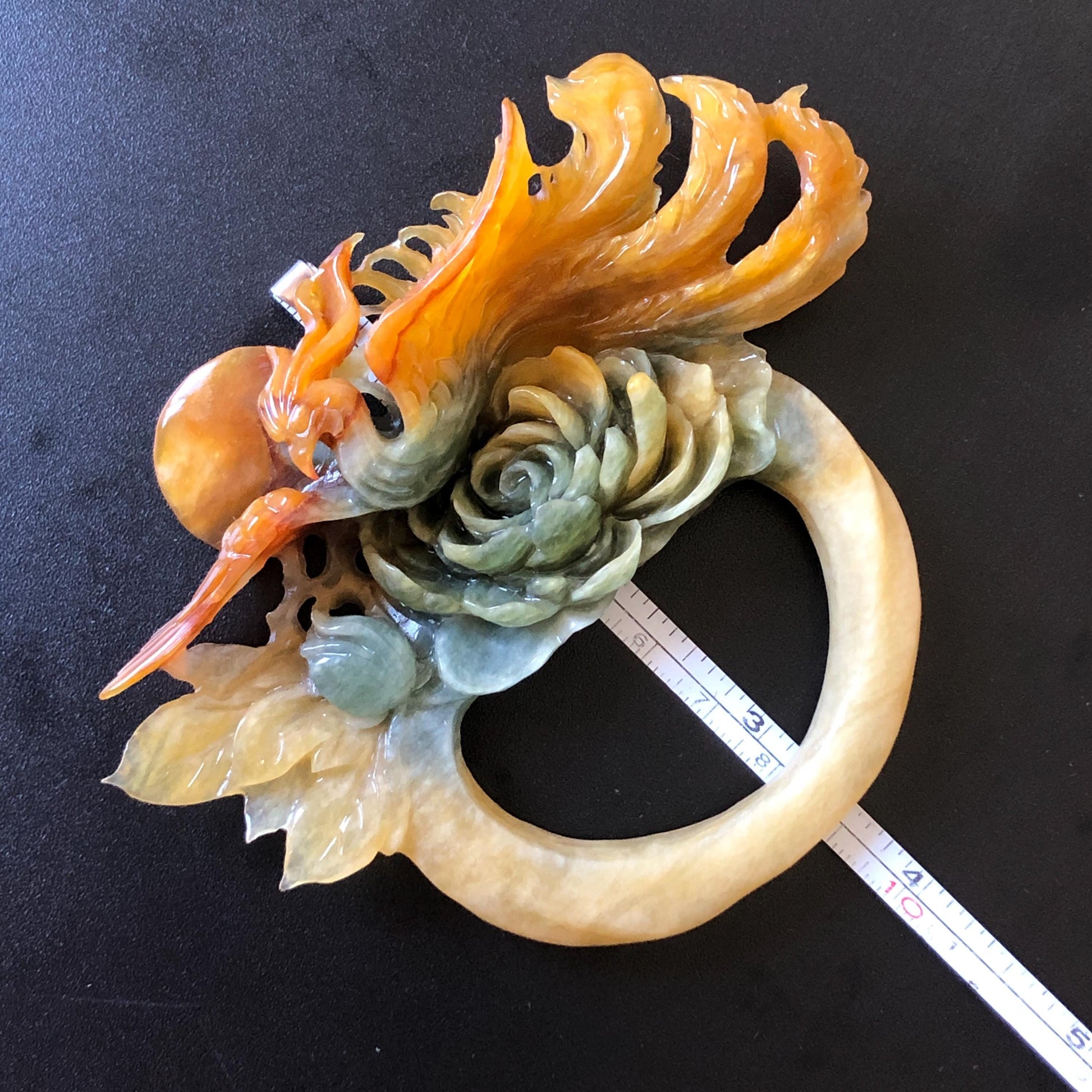 Xiu Jade Phoenix & Peony Hand Carved Hair Pin: Certified Natural Serpentine Multicolor Orange Yellow Green Jade Hanfu Handcrafted Hair Stick | Asian Chinese Vintage Style gift for her hand carved phoenix carving hand engraved phoenix hair stick phoenix carving red phoenix fire phoenix hair fork red jade orange jade yellow jade chinese jade with certificate korean hair pin japanese hair stick hair fork hair comb hanfu hair stick peony carving 3D stone carving bridal headpiece wedding hair jewelry