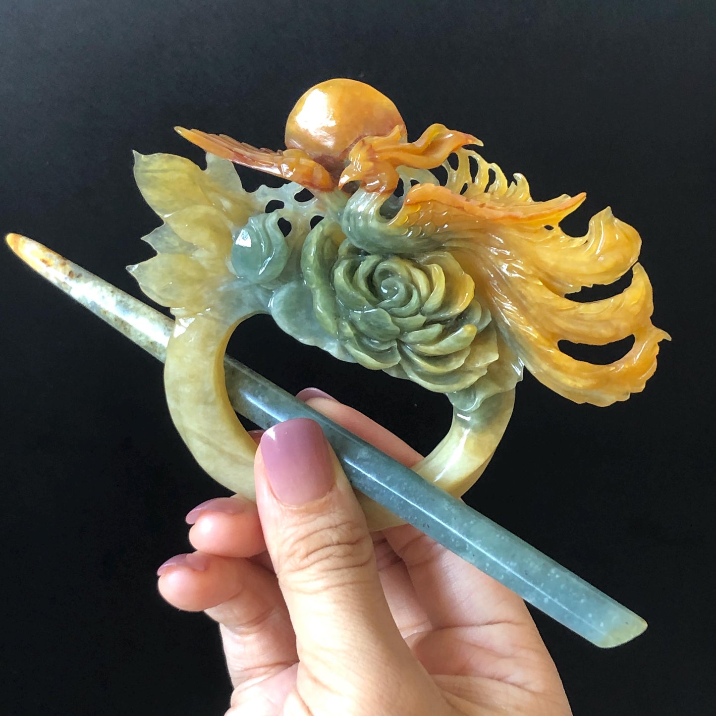 Xiu Jade Phoenix & Peony Hand Carved Hair Crown: Certified Natural Serpentine Multicolor Orange Yellow Green Jade Handcrafted Hair Stick