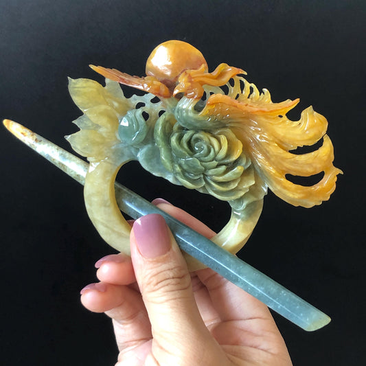 Xiu Jade Phoenix & Peony Hand Carved Hair Crown: Certified Natural Serpentine Multicolor Orange Yellow Green Jade Handcrafted Hair Stick