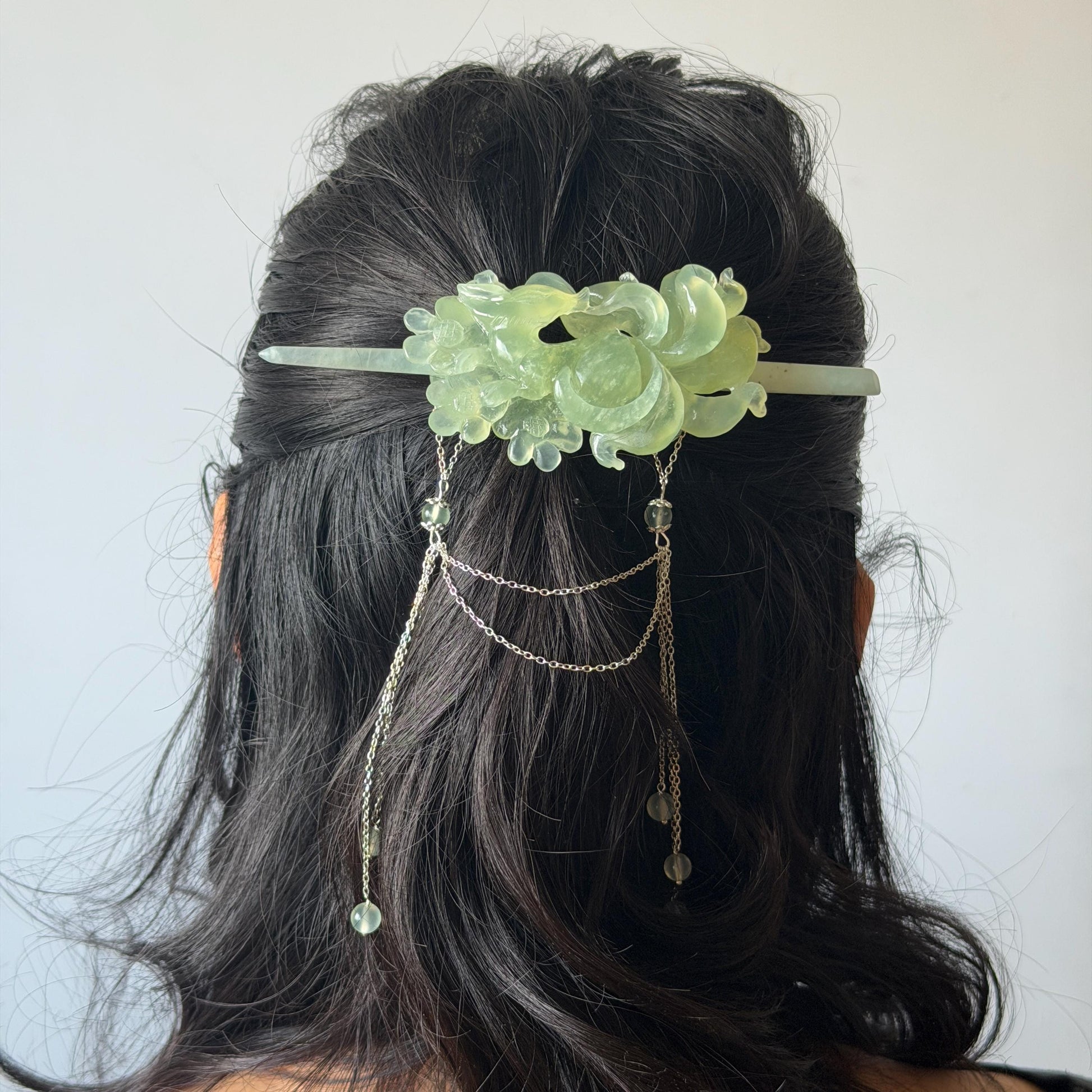 Xiu Jade Nine-tailed Fox Hand Carved Hair Crown: Natural Serpentine Ice Green  Jade Hanfu Hair Stick 3D stone carving Asian Chinese Vintage Style  Gift for her, hairpin, green jade hair stick, hair fork, chinese hairpin, korean hair stick, japanese hair pin, vinatge hair comb, bridal hair clip, fox lover gift, hand carved fox, hand engraved animals carving, fox carving, real jade untreated jade bridal headpiece wedding hair jewelry hollow out carving gift for her flower carving dangle hair pin