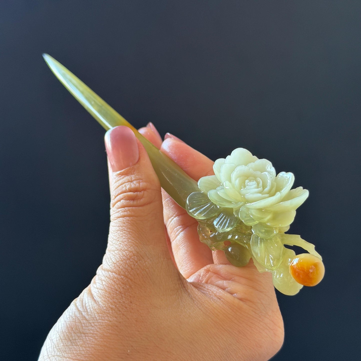 Xiu Jade Hand Carved Camellia Flower Hair Pin: Certified Natural Serpentine Multicolor Orange White Green Jade Handcrafted Hair Stick | Asian Vintage Hair Fork 3D stone carving Hair Jewelry | Chinese Hanfu Hair Fork gift for her green jade carving white jade orange jade flower carving camellia carving hand engraved hairpins japanese hair stick korean hair pins hair fork hair comb antique hairpins wedding headpiece engagement hair jewelry bridal shower gift bridal hair accessory  asian hair crown