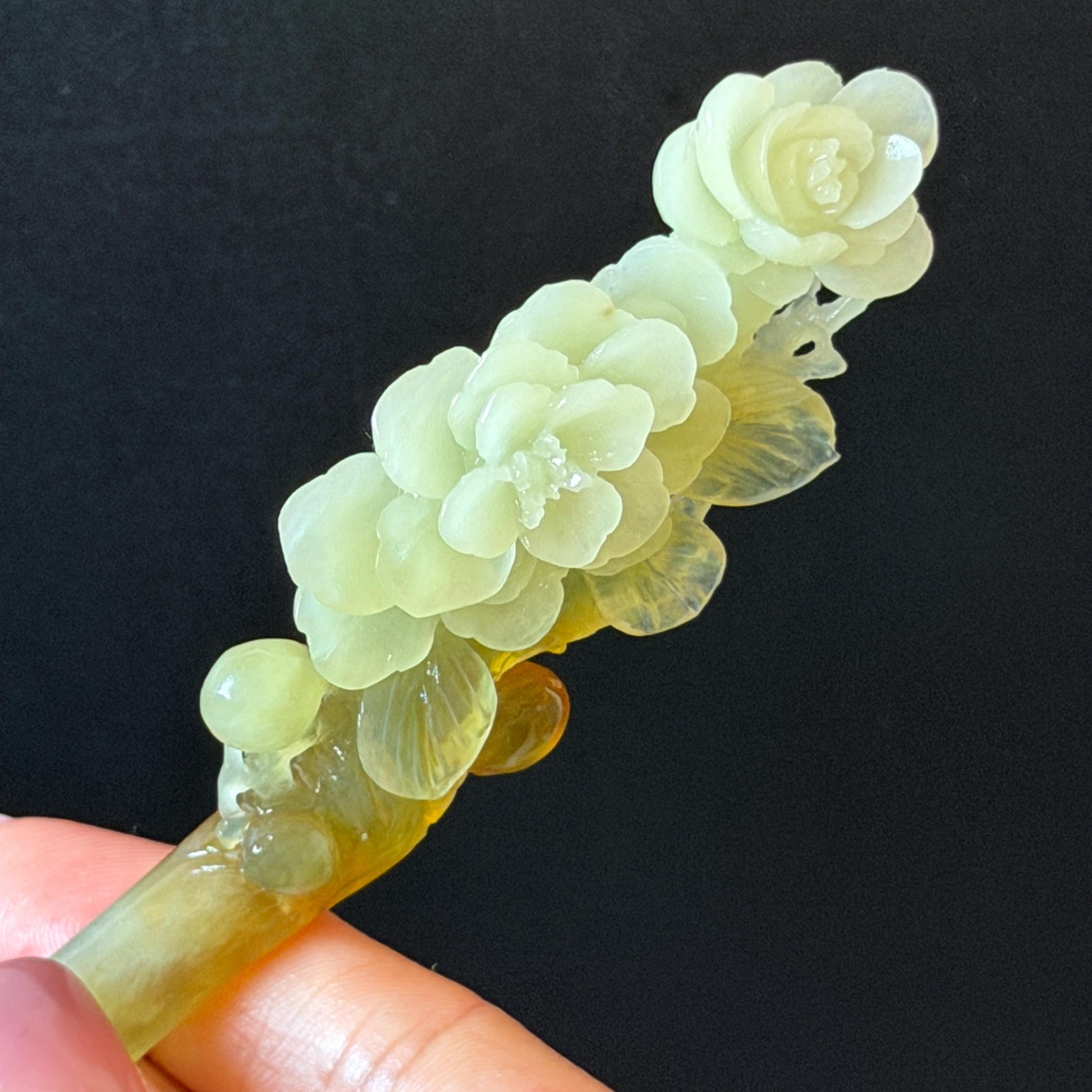 Xiu Jade Peach Blossom Flower Hand Carved Hair Pin: Certified Natural Serpentine Multicolor Orange White Green Jade Handcrafted Hair Stick | Asian Vintage Hair Fork 3D stone carving Hair Jewelry Chinese Hanfu Hair Fork gift for her green jade carving white jade orange jade flower carving hand engraved hairpins japanese hair stick korean hair pins hair fork hair comb antique hairpins wedding headpiece engagement hair jewelry bridal shower gift wedding bridal hair accessory asian hair crown