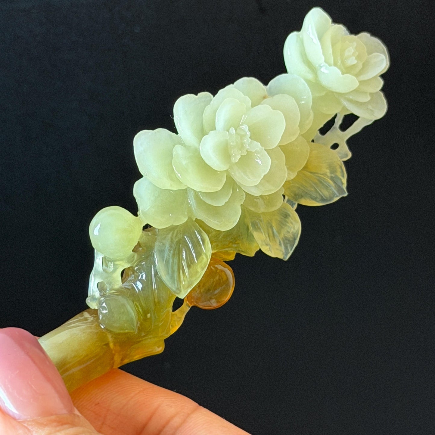 Xiu Jade Peach Blossom Flower Hand Carved Hair Pin: Certified Natural Serpentine Multicolor Orange White Green Jade Handcrafted Hair Stick | Asian Vintage Hair Fork 3D stone carving Hair Jewelry Chinese Hanfu Hair Fork gift for her green jade carving white jade orange jade flower carving hand engraved hairpins japanese hair stick korean hair pins hair fork hair comb antique hairpins wedding headpiece engagement hair jewelry bridal shower gift wedding bridal hair accessory asian hair crown