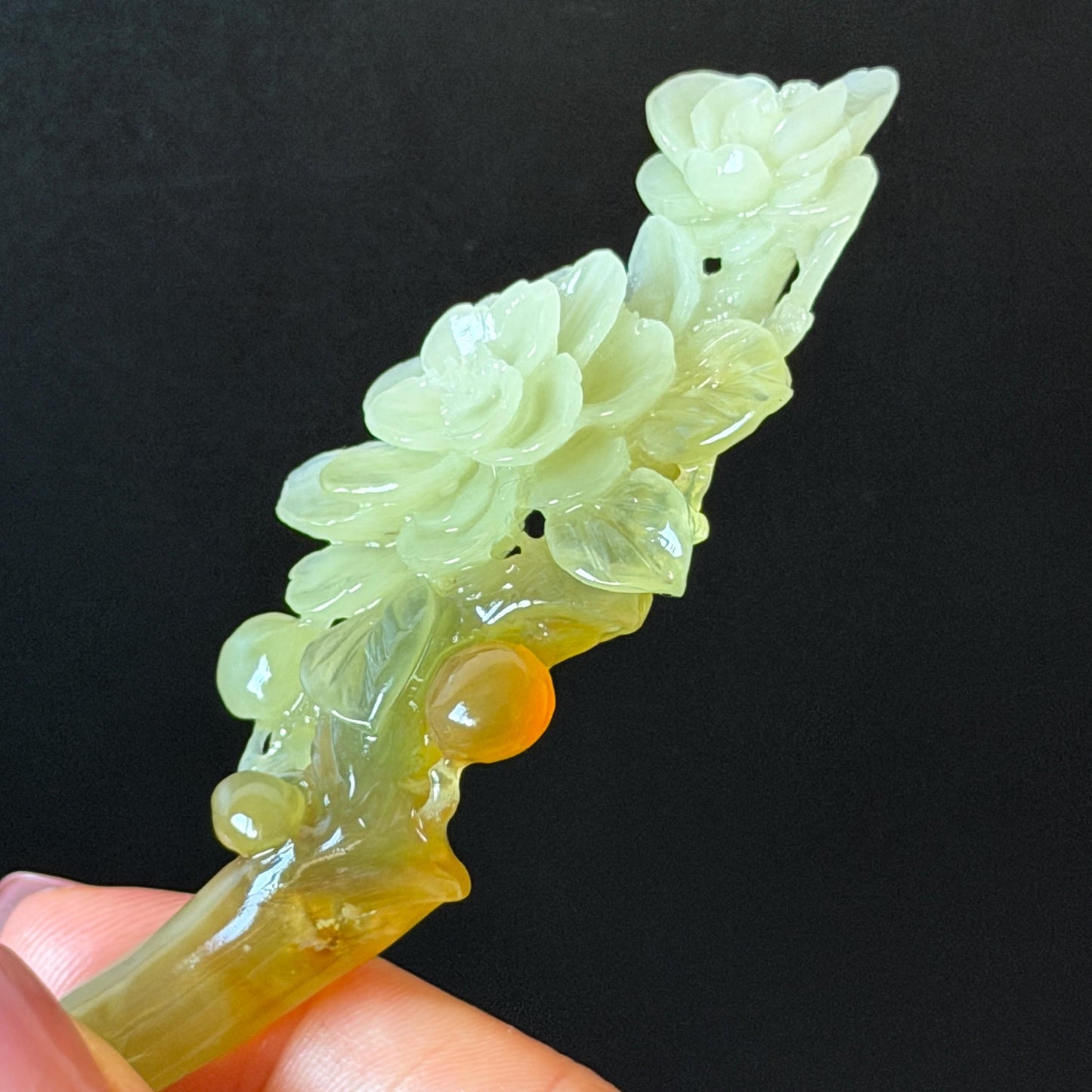 Xiu Jade Peach Blossom Flower Hand Carved Hair Pin: Certified Natural Serpentine Multicolor Orange White Green Jade Handcrafted Hair Stick | Asian Vintage Hair Fork 3D stone carving Hair Jewelry Chinese Hanfu Hair Fork gift for her green jade carving white jade orange jade flower carving hand engraved hairpins japanese hair stick korean hair pins hair fork hair comb antique hairpins wedding headpiece engagement hair jewelry bridal shower gift wedding bridal hair accessory asian hair crown
