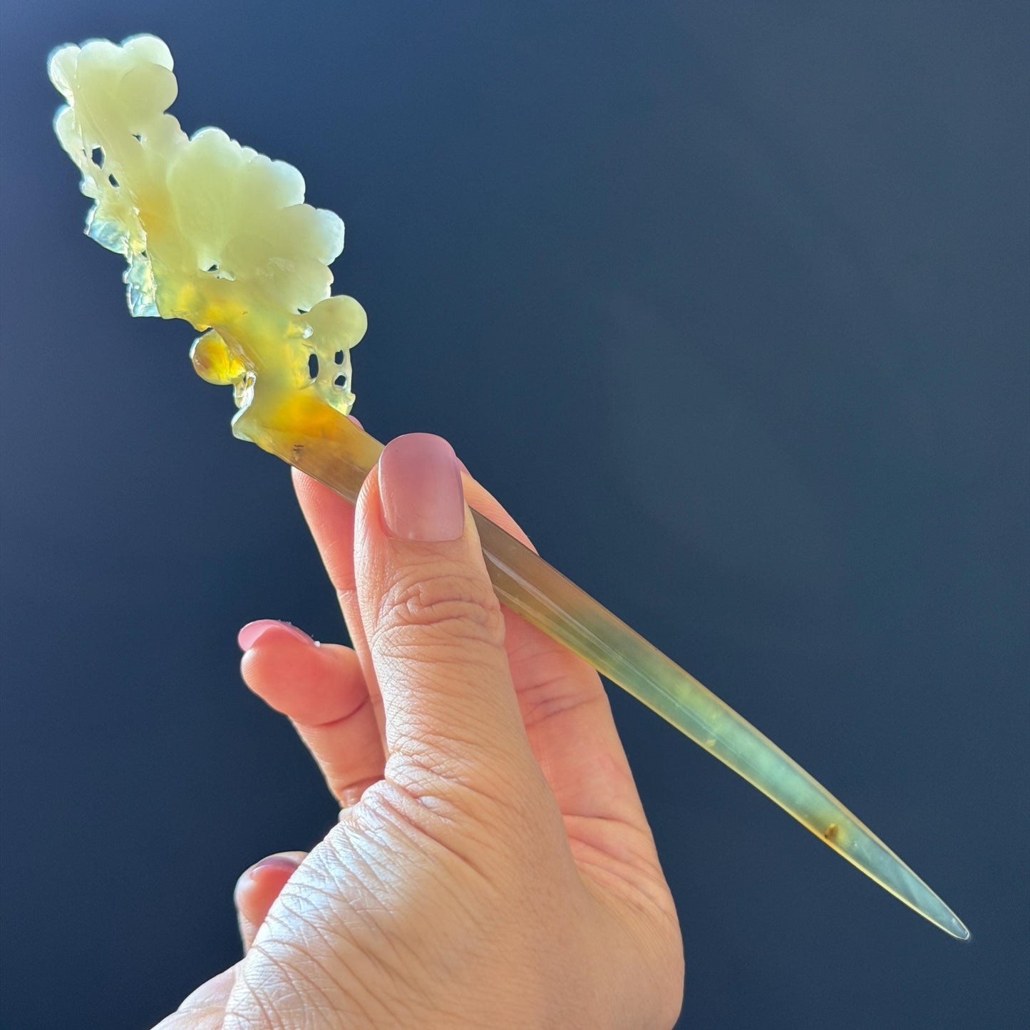 Xiu Jade Peach Blossom Flower Hand Carved Hair Pin: Certified Natural Serpentine Multicolor Orange White Green Jade Handcrafted Hair Stick | Asian Vintage Hair Fork 3D stone carving Hair Jewelry Chinese Hanfu Hair Fork gift for her green jade carving white jade orange jade flower carving hand engraved hairpins japanese hair stick korean hair pins hair fork hair comb antique hairpins wedding headpiece engagement hair jewelry bridal shower gift wedding bridal hair accessory asian hair crown