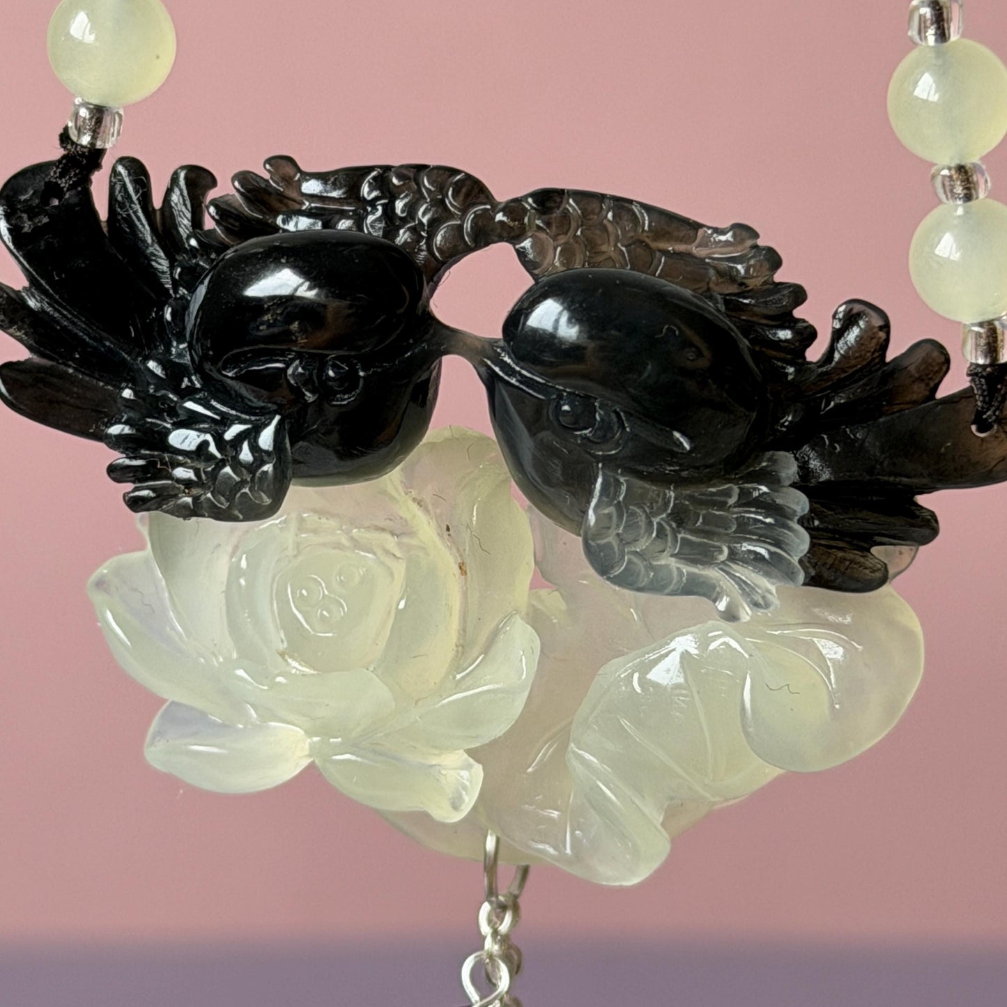 Xiu Jade Magpie Birds and Lotus Flower Hand Carved Pendant Adjustable Necklace Choker: Certified Natural Serpentine Black White Jade Handcrafted Charm | Fortune & Happiness | Stone Crystal Gemstone Jewellery Gift for her, black jade carving white jade carving lotus carving flower carving hand engraved lotus chinese jade pendant necklace vintage necklace antique necklace certificate jade natural untreated jade certified jade modern necklace bird carving braided necklace dangle wedding gift