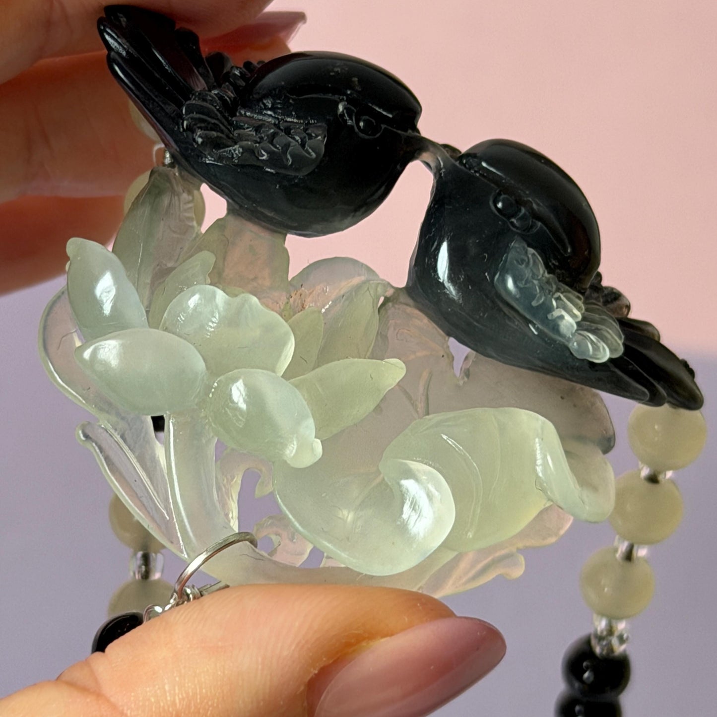 Xiu Jade Magpie Birds and Lotus Flower Hand Carved Pendant Adjustable Necklace Choker: Certified Natural Serpentine Black White Jade Handcrafted Charm | Fortune & Happiness | Stone Crystal Gemstone Jewellery Gift for her, black jade carving white jade carving lotus carving flower carving hand engraved lotus chinese jade pendant necklace vintage necklace antique necklace certificate jade natural untreated jade certified jade modern necklace bird carving braided necklace dangle wedding gift