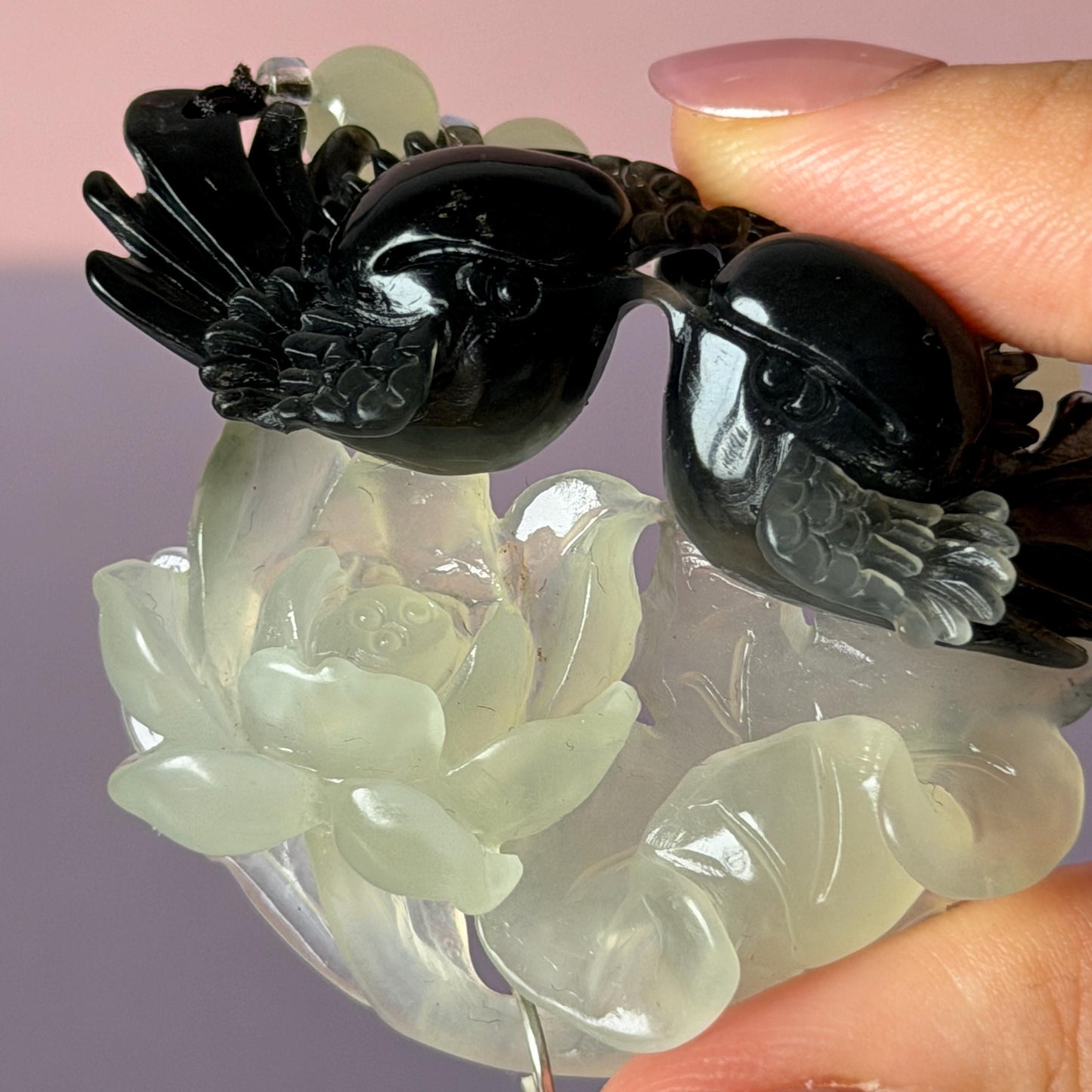 Xiu Jade Magpie Birds and Lotus Flower Hand Carved Pendant Adjustable Necklace Choker: Certified Natural Serpentine Black White Jade Handcrafted Charm | Fortune & Happiness | Stone Crystal Gemstone Jewellery Gift for her, black jade carving white jade carving lotus carving flower carving hand engraved lotus chinese jade pendant necklace vintage necklace antique necklace certificate jade natural untreated jade certified jade modern necklace bird carving braided necklace dangle wedding gift