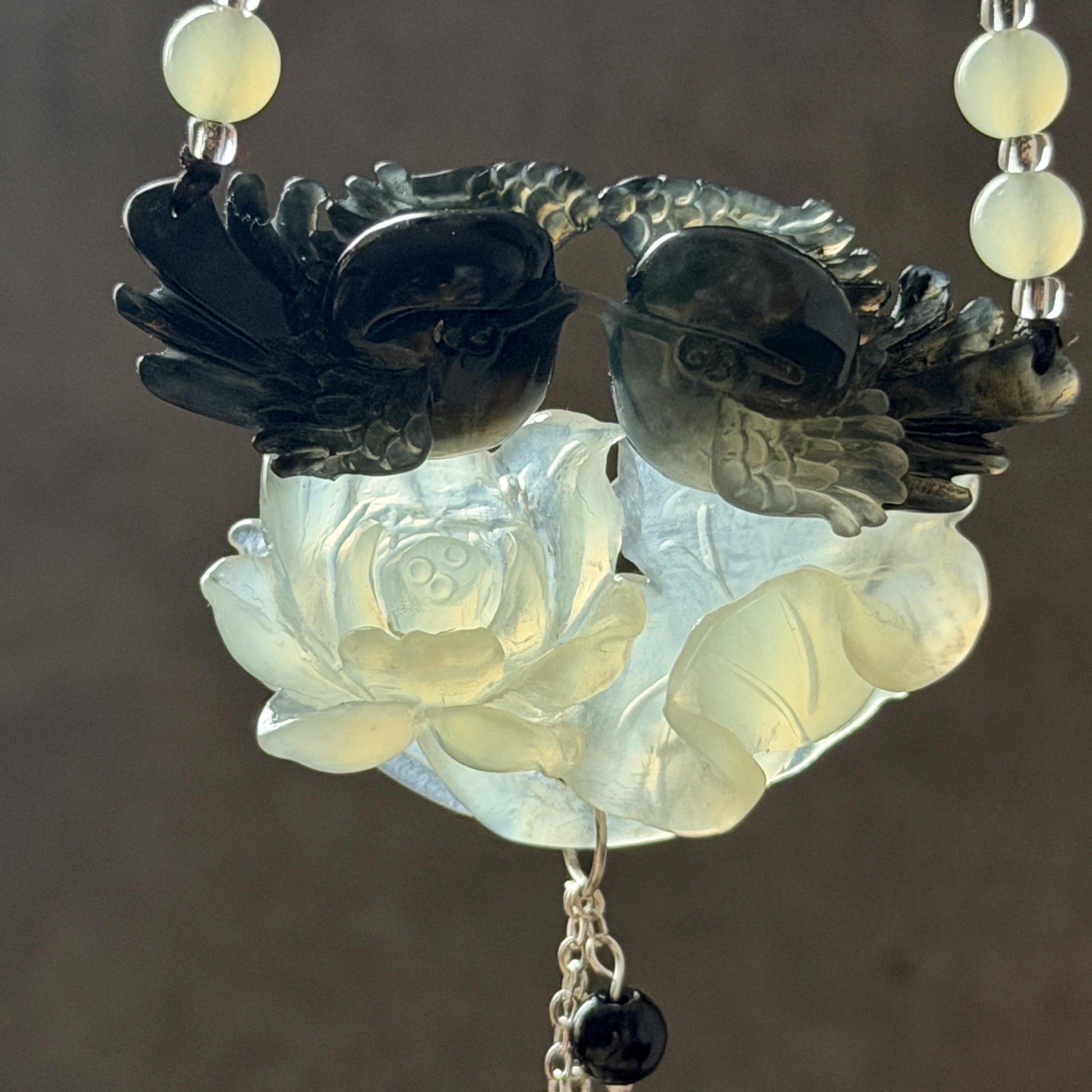 Xiu Jade Magpie Birds and Lotus Flower Hand Carved Pendant Adjustable Necklace Choker: Certified Natural Serpentine Black White Jade Handcrafted Charm | Fortune & Happiness | Stone Crystal Gemstone Jewellery Gift for her, black jade carving white jade carving lotus carving flower carving hand engraved lotus chinese jade pendant necklace vintage necklace antique necklace certificate jade natural untreated jade certified jade modern necklace bird carving braided necklace dangle wedding gift