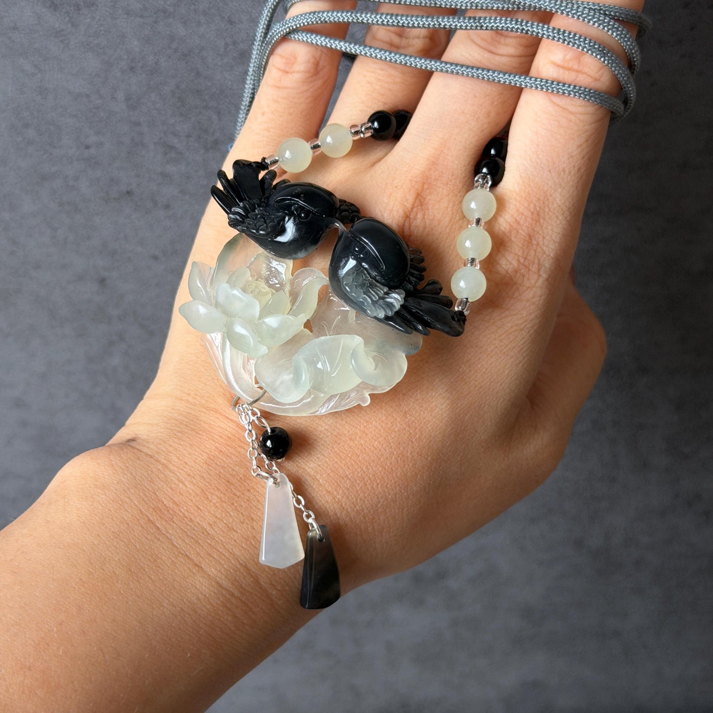 Xiu Jade Magpie Birds and Lotus Flower Hand Carved Pendant Adjustable Necklace Choker: Certified Natural Serpentine Black White Jade Handcrafted Charm | Fortune & Happiness | Stone Crystal Gemstone Jewellery Gift for her, black jade carving white jade carving lotus carving flower carving hand engraved lotus chinese jade pendant necklace vintage necklace antique necklace certificate jade natural untreated jade certified jade modern necklace bird carving braided necklace dangle wedding gift