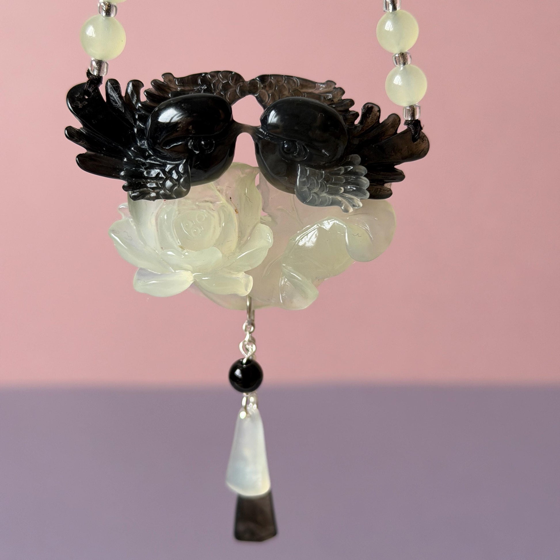 Xiu Jade Magpie Birds and Lotus Flower Hand Carved Pendant Adjustable Necklace Choker: Certified Natural Serpentine Black White Jade Handcrafted Charm | Fortune & Happiness | Stone Crystal Gemstone Jewellery Gift for her, black jade carving white jade carving lotus carving flower carving hand engraved lotus chinese jade pendant necklace vintage necklace antique necklace certificate jade natural untreated jade certified jade modern necklace bird carving braided necklace dangle wedding gift