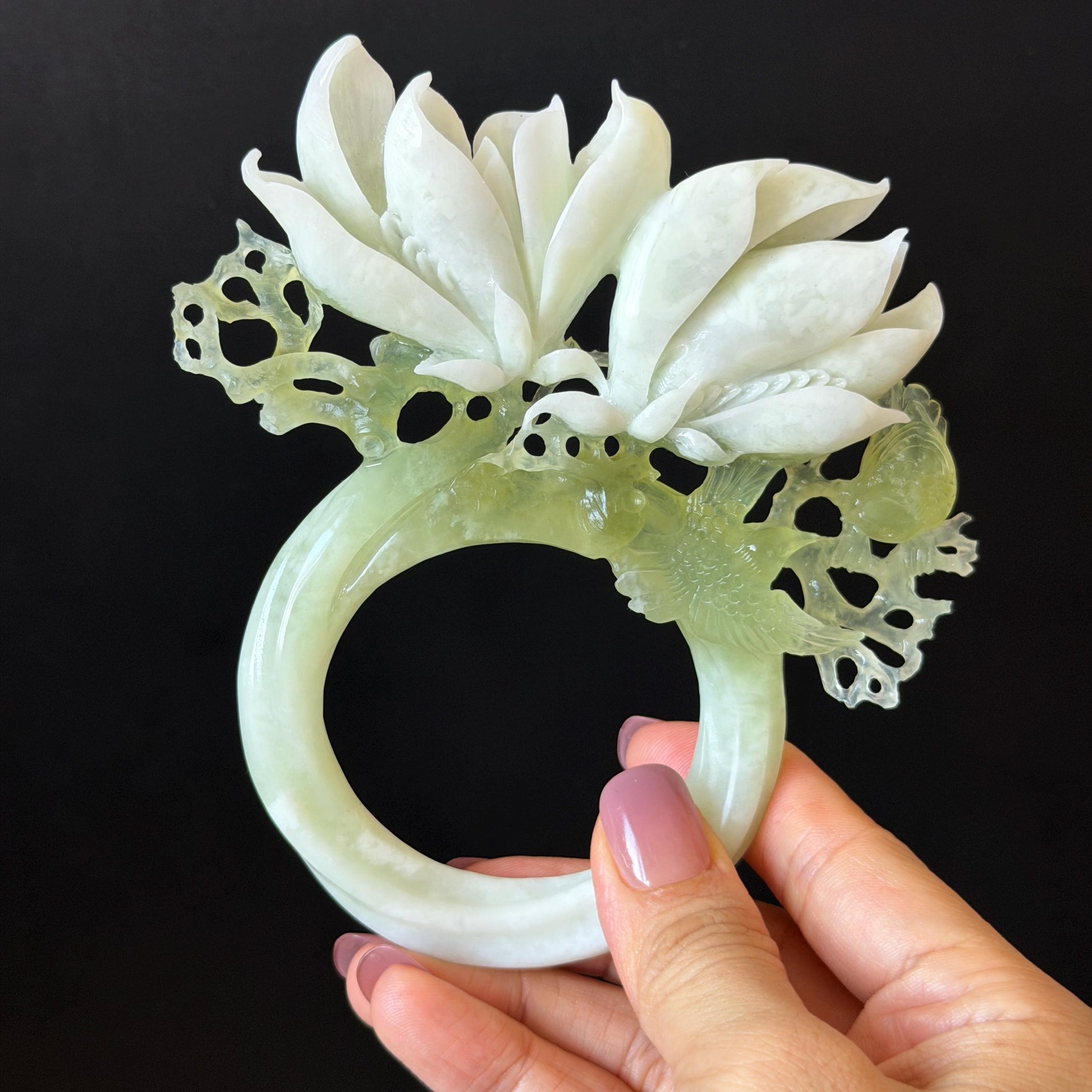 Xiu Jade Yulan Flowers & Birds Hand Carved Hair Pin: Certified Natural Serpentine White Jade Green Jade Handcrafted Hanfu Hair Stick, Asian Vintage Hair Fork Chinese Antique Bridal Gift for her japanese hairpin korean hair stick hair comb antique hair pins bridal shower hair jewelry wedding headpiece engagement hair accessory jade carving hand engraved jade hand carved flower jade hairpins untreated jade certificate flower carving yulan carving 3D stone carving handcrafted bird carving