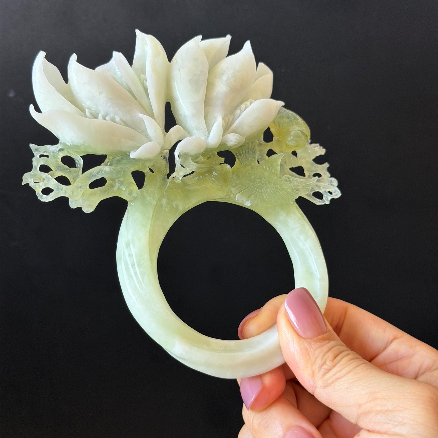 Xiu Jade Yulan Flowers & Birds Hand Carved Hair Pin: Certified Natural Serpentine White Jade Green Jade Handcrafted Hanfu Hair Stick, Asian Vintage Hair Fork Chinese Antique Bridal Gift for her japanese hairpin korean hair stick hair comb antique hair pins bridal shower hair jewelry wedding headpiece engagement hair accessory jade carving hand engraved jade hand carved flower jade hairpins untreated jade certificate flower carving yulan carving 3D stone carving handcrafted bird carving