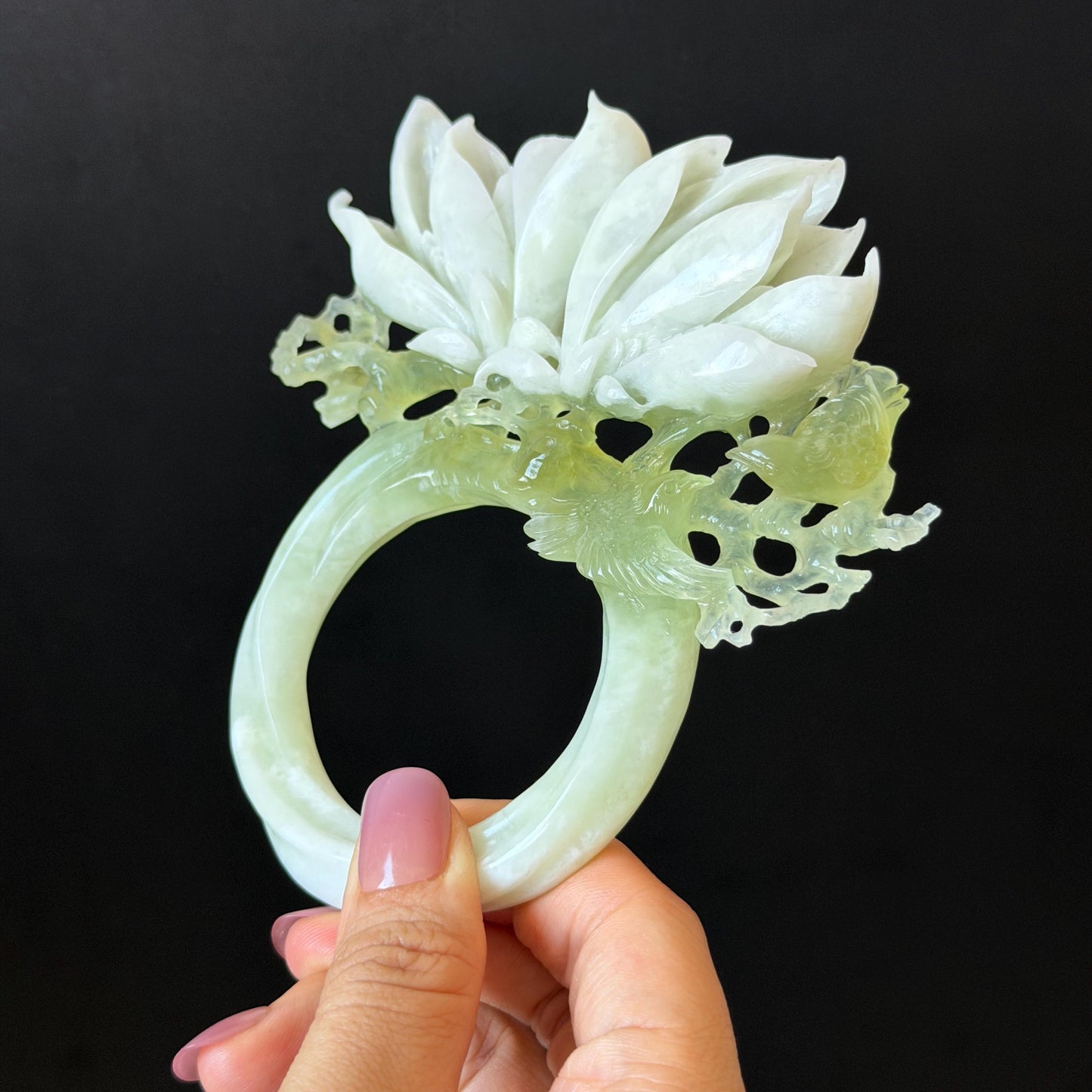 Xiu Jade Yulan Flowers & Birds Hand Carved Hair Pin: Certified Natural Serpentine White Jade Green Jade Handcrafted Hanfu Hair Stick, Asian Vintage Hair Fork Chinese Antique Bridal Gift for her japanese hairpin korean hair stick hair comb antique hair pins bridal shower hair jewelry wedding headpiece engagement hair accessory jade carving hand engraved jade hand carved flower jade hairpins untreated jade certificate flower carving yulan carving 3D stone carving handcrafted bird carving