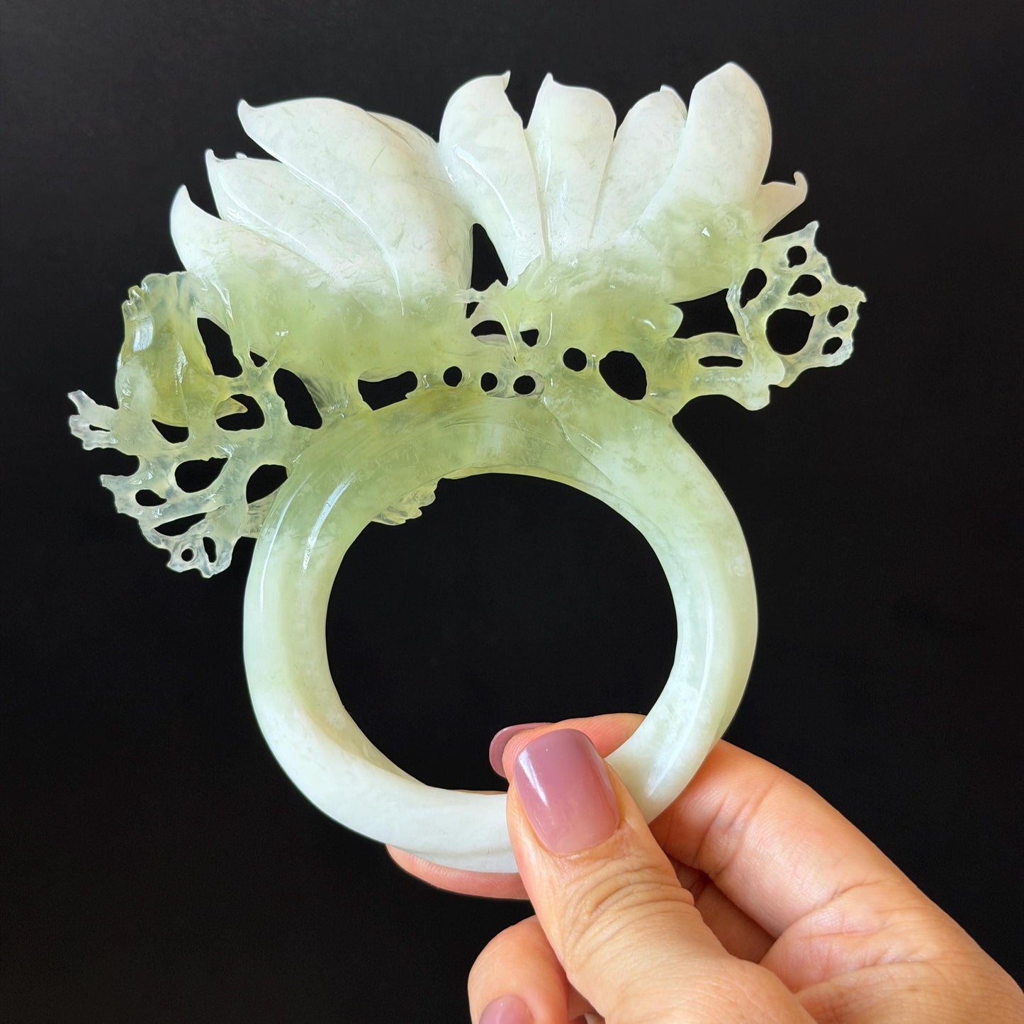 Xiu Jade Yulan Flowers & Birds Hand Carved Hair Pin: Certified Natural Serpentine White Jade Green Jade Handcrafted Hanfu Hair Stick, Asian Vintage Hair Fork Chinese Antique Bridal Gift for her japanese hairpin korean hair stick hair comb antique hair pins bridal shower hair jewelry wedding headpiece engagement hair accessory jade carving hand engraved jade hand carved flower jade hairpins untreated jade certificate flower carving yulan carving 3D stone carving handcrafted bird carving