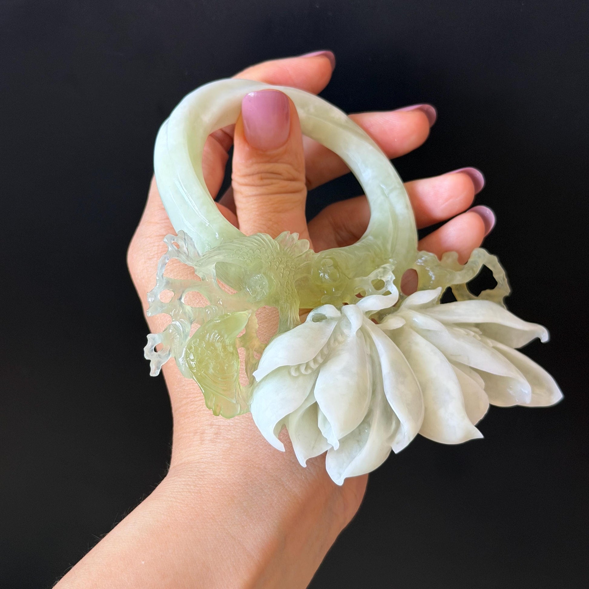 Xiu Jade Yulan Flowers & Birds Hand Carved Hair Pin: Certified Natural Serpentine White Jade Green Jade Handcrafted Hanfu Hair Stick, Asian Vintage Hair Fork Chinese Antique Bridal Gift for her japanese hairpin korean hair stick hair comb antique hair pins bridal shower hair jewelry wedding headpiece engagement hair accessory jade carving hand engraved jade hand carved flower jade hairpins untreated jade certificate flower carving yulan carving 3D stone carving handcrafted bird carving