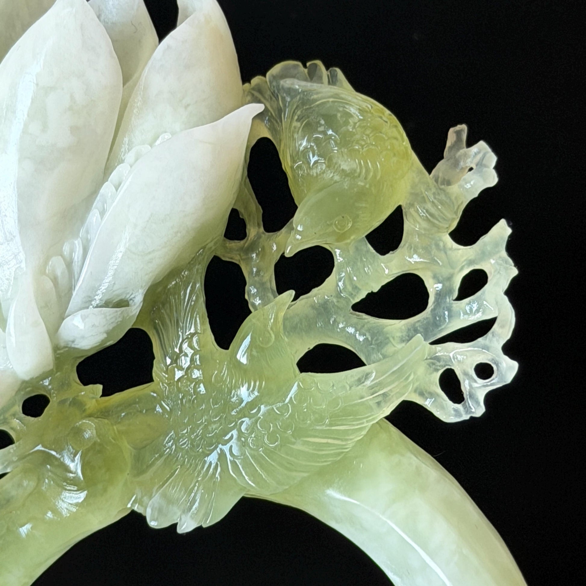 Xiu Jade Yulan Flowers & Birds Hand Carved Hair Pin: Certified Natural Serpentine White Jade Green Jade Handcrafted Hanfu Hair Stick, Asian Vintage Hair Fork Chinese Antique Bridal Gift for her japanese hairpin korean hair stick hair comb antique hair pins bridal shower hair jewelry wedding headpiece engagement hair accessory jade carving hand engraved jade hand carved flower jade hairpin untreated jade certificate flower carving yulan carving 3D stone carving handcrafted bird carving hair crown