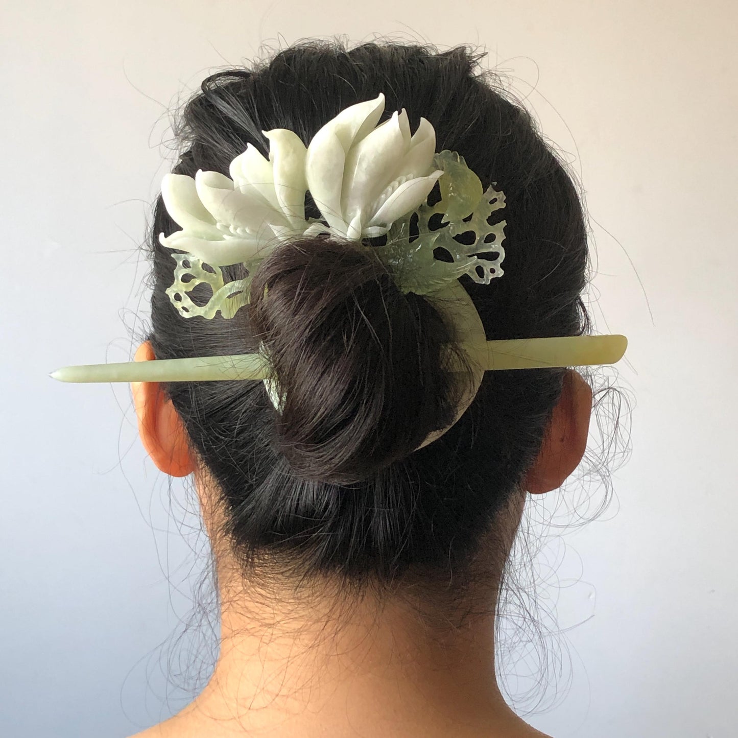 Xiu Jade Yulan Flowers & Birds Hand Carved Hair Pin: Certified Natural Serpentine White Jade Green Jade Handcrafted Hanfu Hair Stick, Asian Vintage Hair Fork Chinese Antique Bridal Gift for her japanese hairpin korean hair stick hair comb antique hair pins bridal shower hair jewelry wedding headpiece engagement hair accessory jade carving hand engraved jade hand carved flower jade hairpins untreated jade certificate flower carving yulan carving 3D stone carving handcrafted bird carving