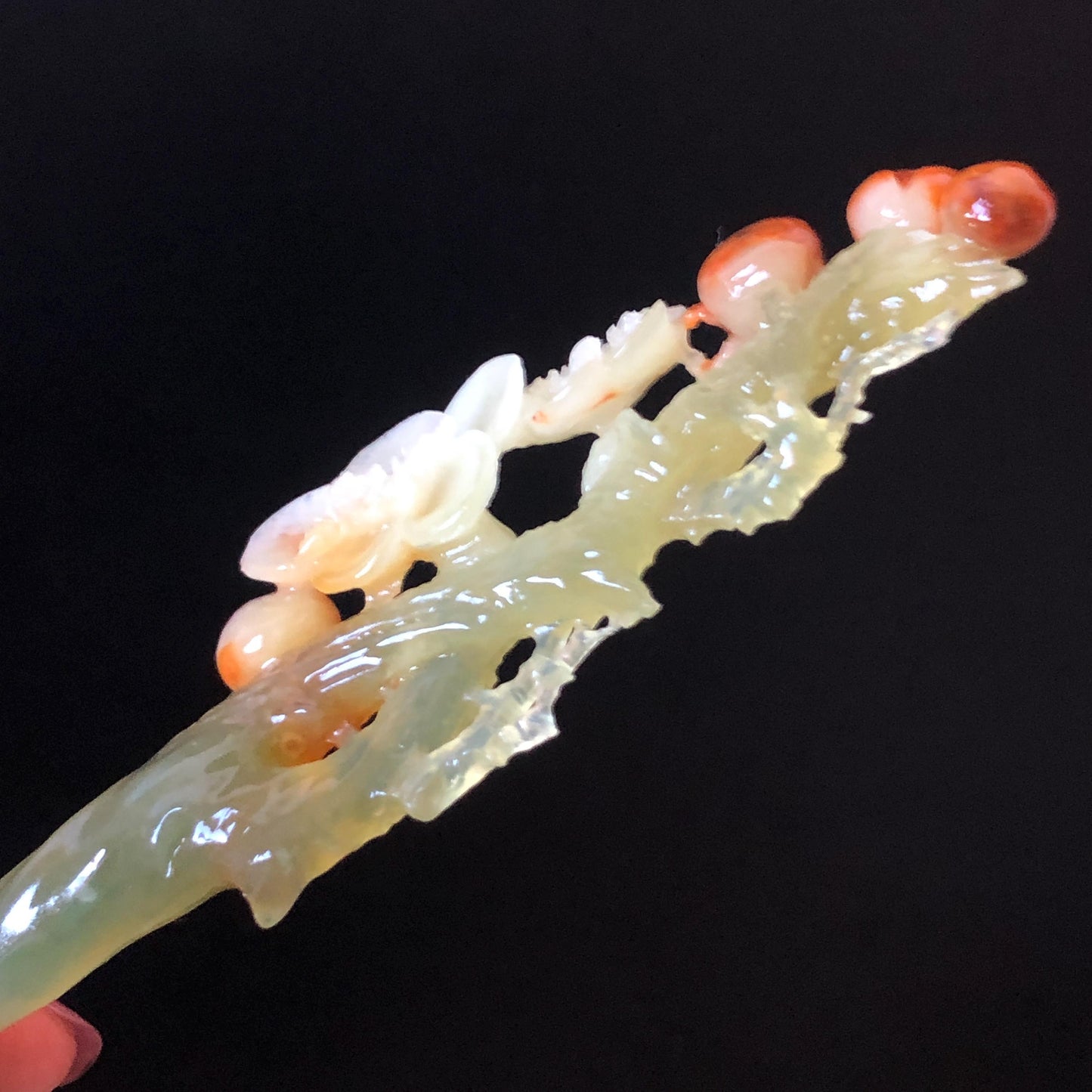 Xiu Jade Plum Blossom Flower Hand Carved Hair Pin: Certified Natural Serpentine Multicolor Orange White Green Jade Handcrafted Hair Stick