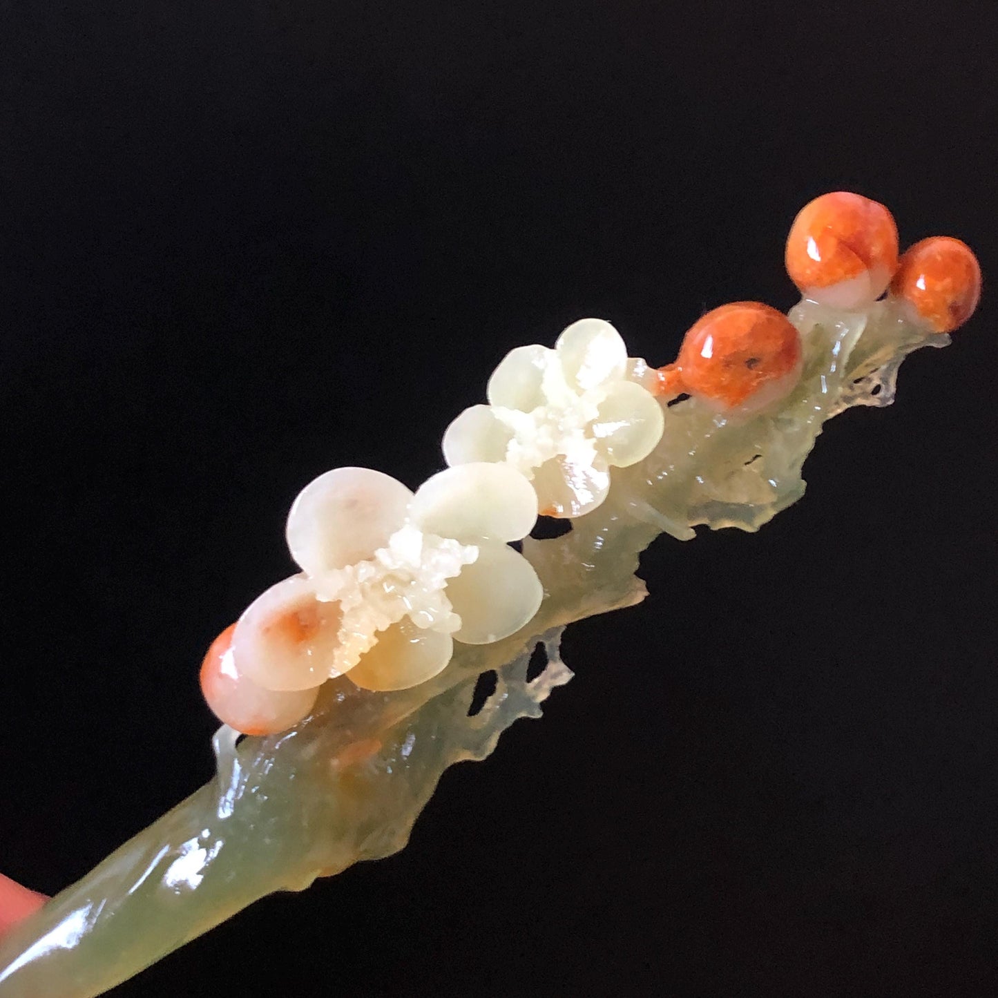 Xiu Jade Plum Blossom Flower Hand Carved Hair Pin: Certified Natural Serpentine Multicolor Orange White Green Jade Handcrafted Hair Stick