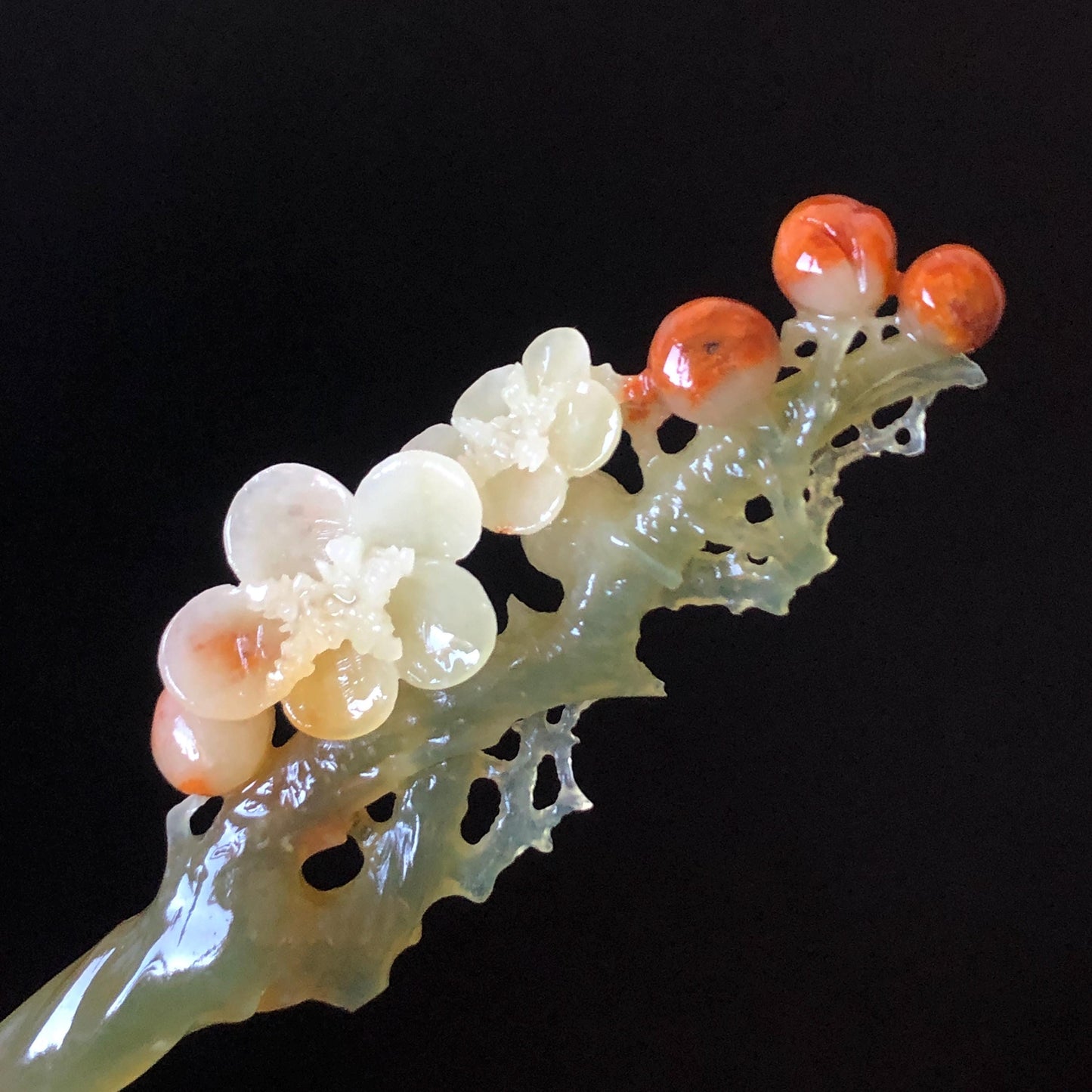 Xiu Jade Plum Blossom Flower Hand Carved Hair Pin: Certified Natural Serpentine Multicolor Orange White Green Jade Handcrafted Hair Stick