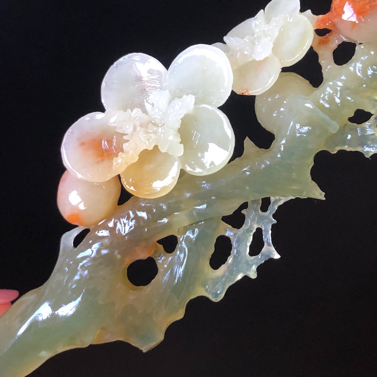 Xiu Jade Plum Blossom Flower Hand Carved Hair Pin: Certified Natural Serpentine Multicolor Orange White Green Jade Handcrafted Hair Stick