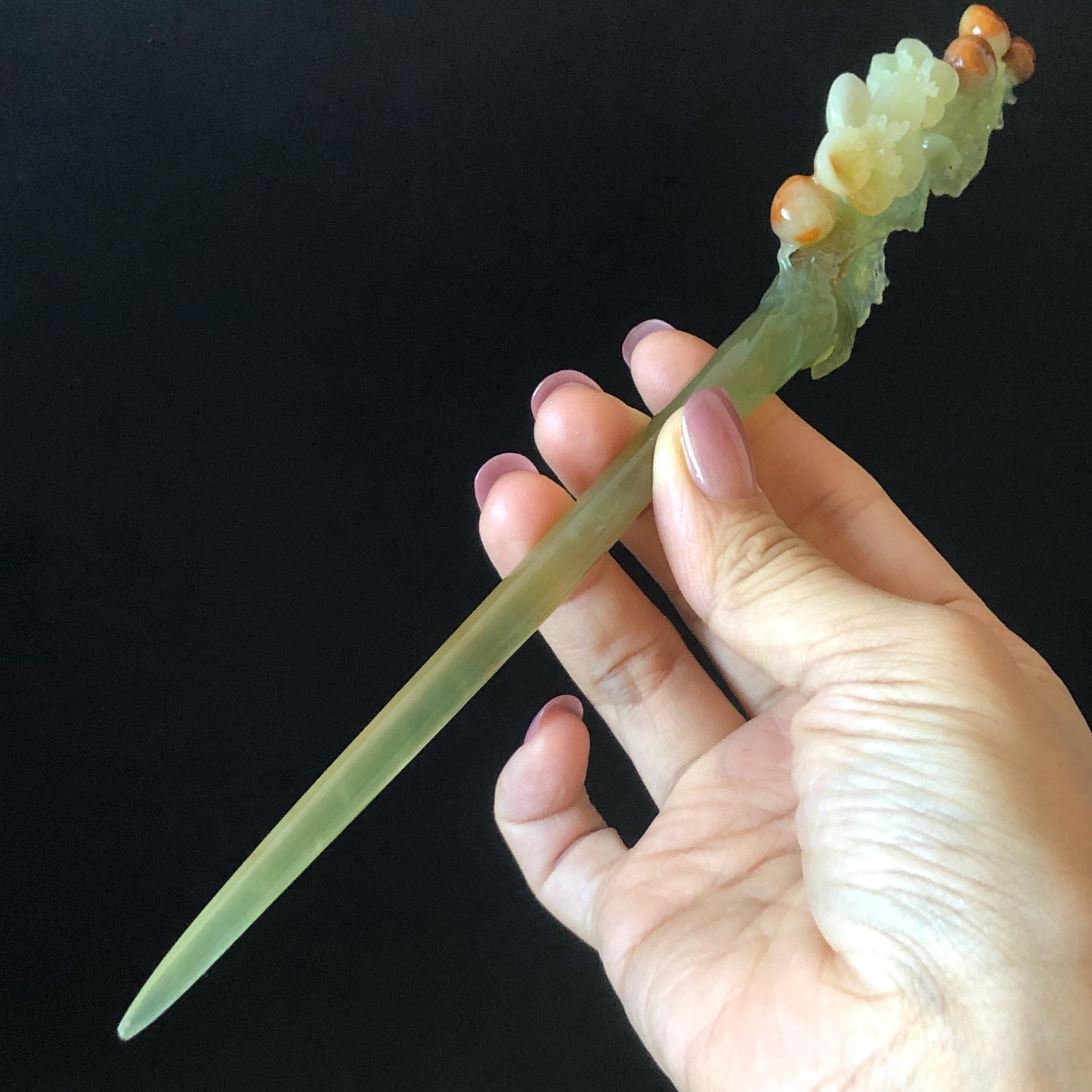 Xiu Jade Plum Blossom Flower Hand Carved Hair Pin: Certified Natural Serpentine Multicolor Orange White Green Jade Handcrafted Hair Stick