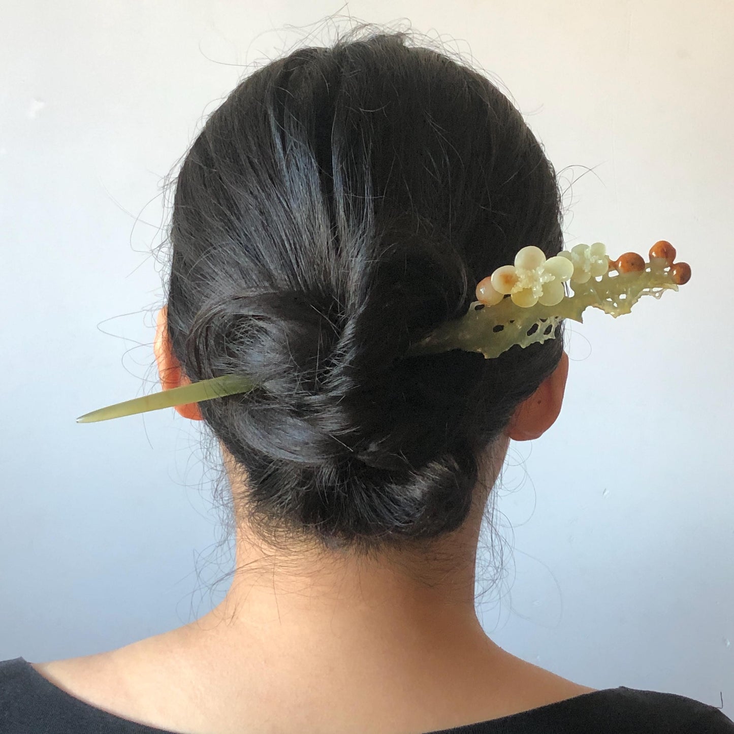 Xiu Jade Plum Blossom Flower Hand Carved Hair Pin: Certified Natural Serpentine Multicolor Orange White Green Jade Handcrafted Hair Stick