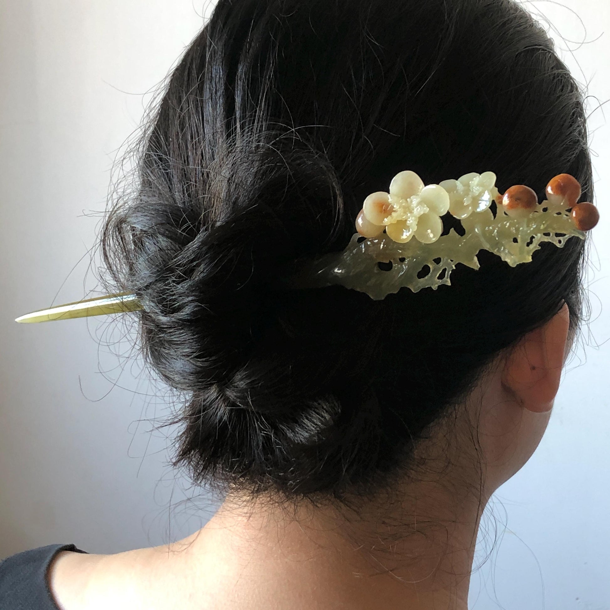 Xiu Jade Plum Blossom Flower Hand Carved Hair Pin: Certified Natural Serpentine Multicolor Orange White Green Jade Handcrafted Hair Stick