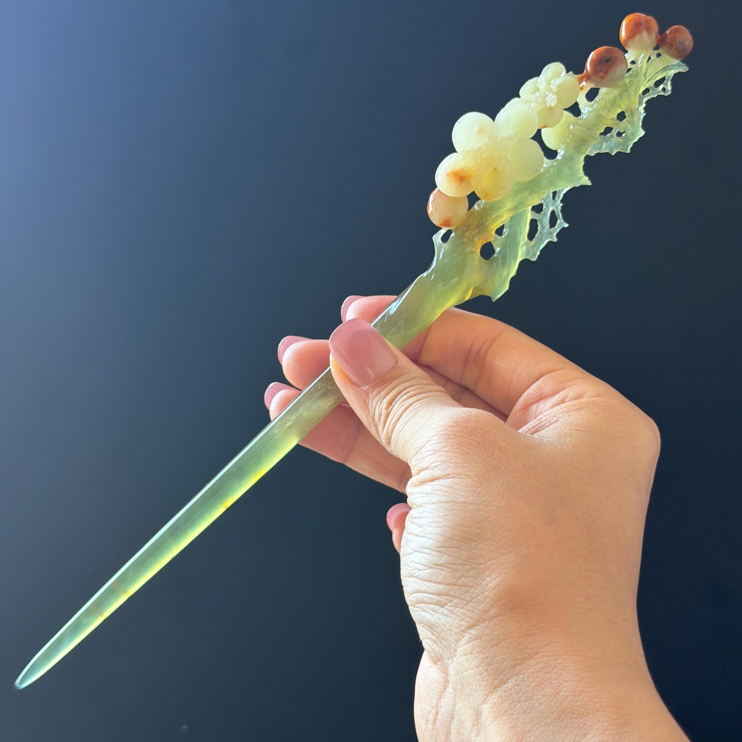 Xiu Jade Plum Blossom Flower Hand Carved Hair Pin: Certified Natural Serpentine Multicolor Orange White Green Jade Handcrafted Hair Stick