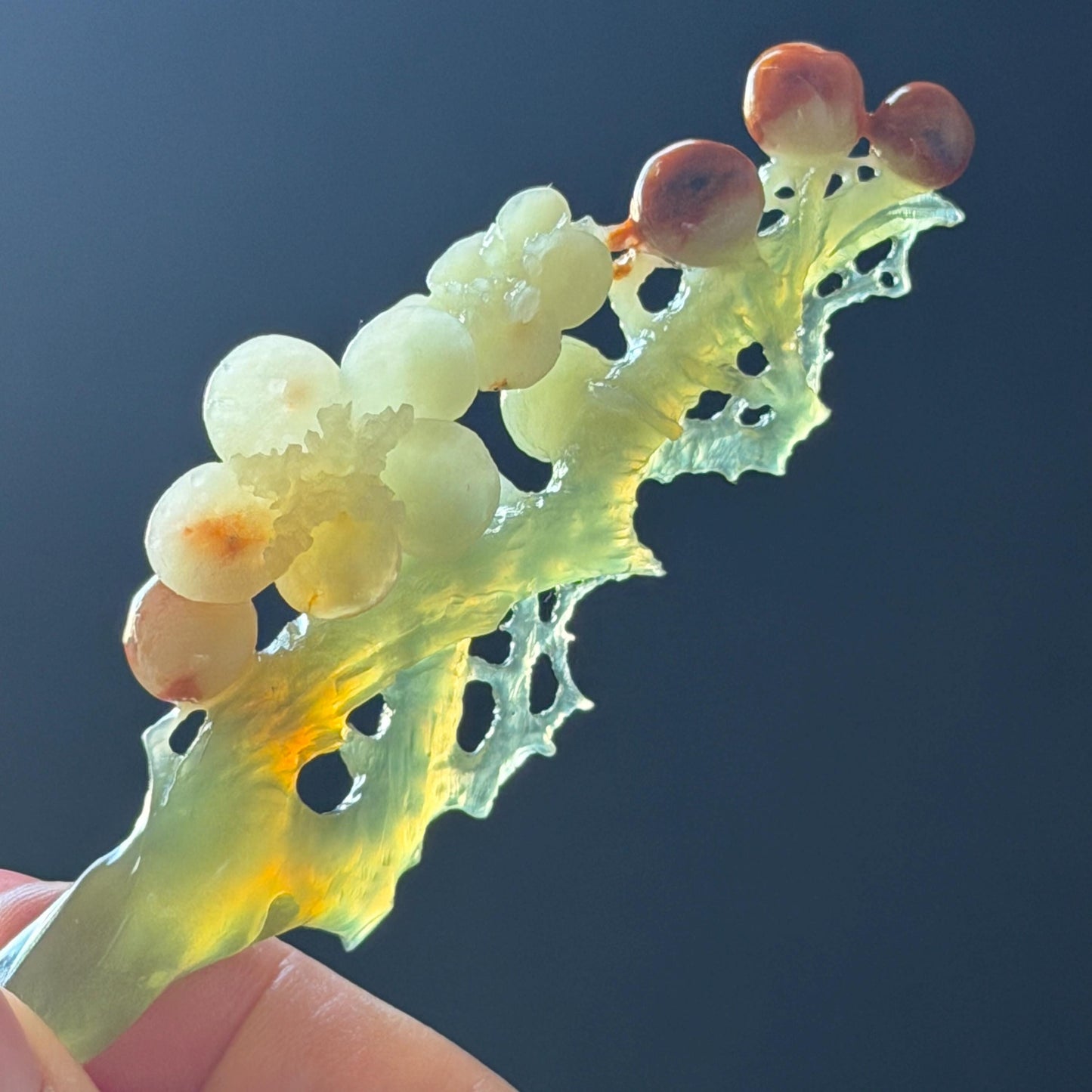 Xiu Jade Plum Blossom Flower Hand Carved Hair Pin: Certified Natural Serpentine Multicolor Orange White Green Jade Handcrafted Hair Stick