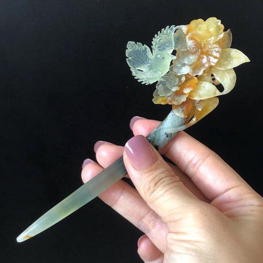 Xiu Jade Bird & Flowers Hand Carved Hair Pin: Certificate Natural multicolor Serpentine Yellow Orange White Green Jade Hair Stick 3D stone carving Hair Jewelry Asian Chinese Vintage Style Gift for her white jade green jade carving yellow jade orange jade bird carving flower carving hand carved jade hand engraved bird certificate certified untreated jade korean hairpin japanese hair stick chinese hair comb vinatge hair fork multicolor jade bird lover gift hair claw hair crown