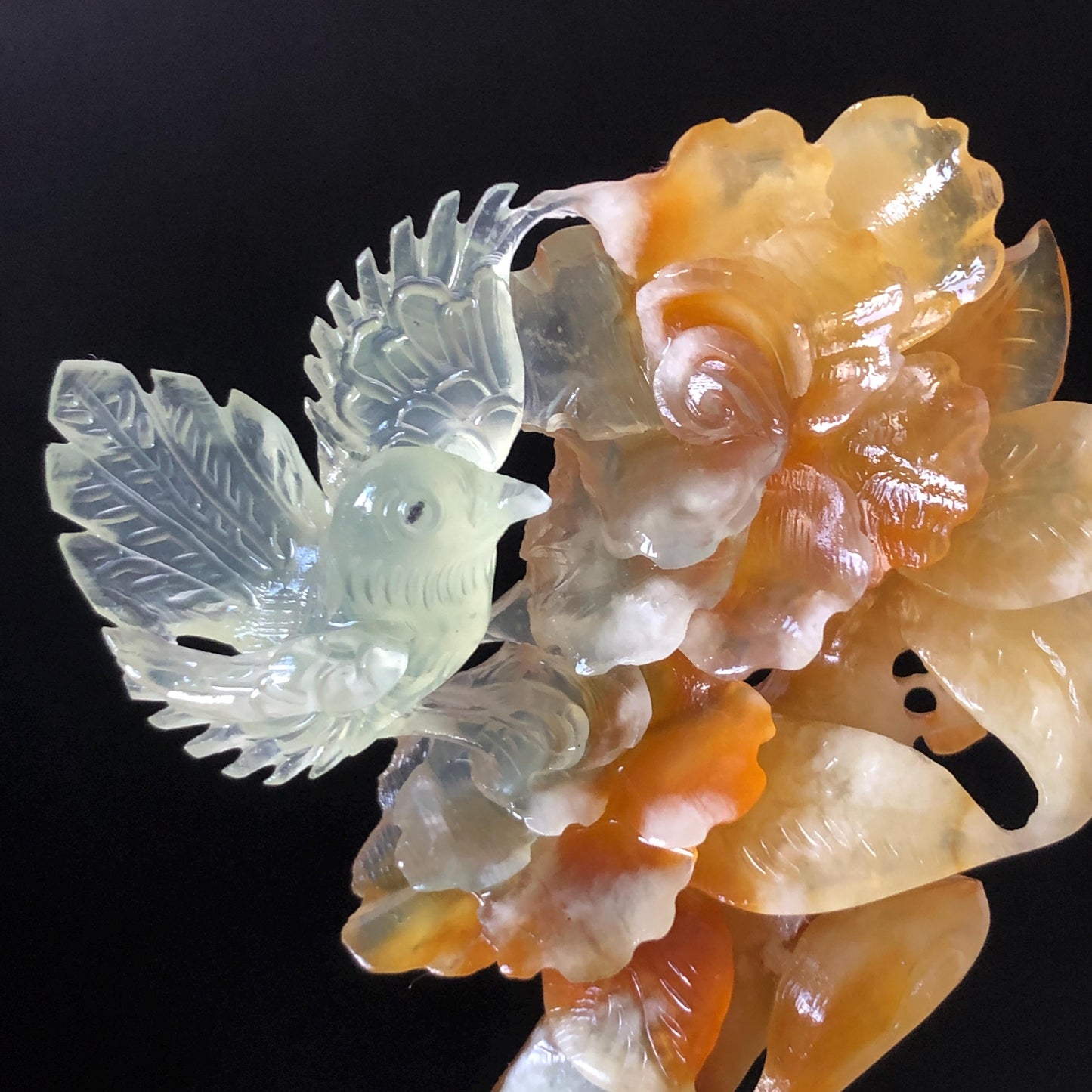 Xiu Jade Bird & Flowers Hand Carved Hair Pin: Certificate Natural multicolor Serpentine Yellow Orange White Green Jade Hair Stick 3D stone carving Hair Jewelry Asian Chinese Vintage Style Gift for her white jade green jade carving yellow jade orange jade bird carving flower carving hand carved jade hand engraved bird certificate certified untreated jade korean hairpin japanese hair stick chinese hair comb vinatge hair fork multicolor jade bird lover gift hair claw hair crown
