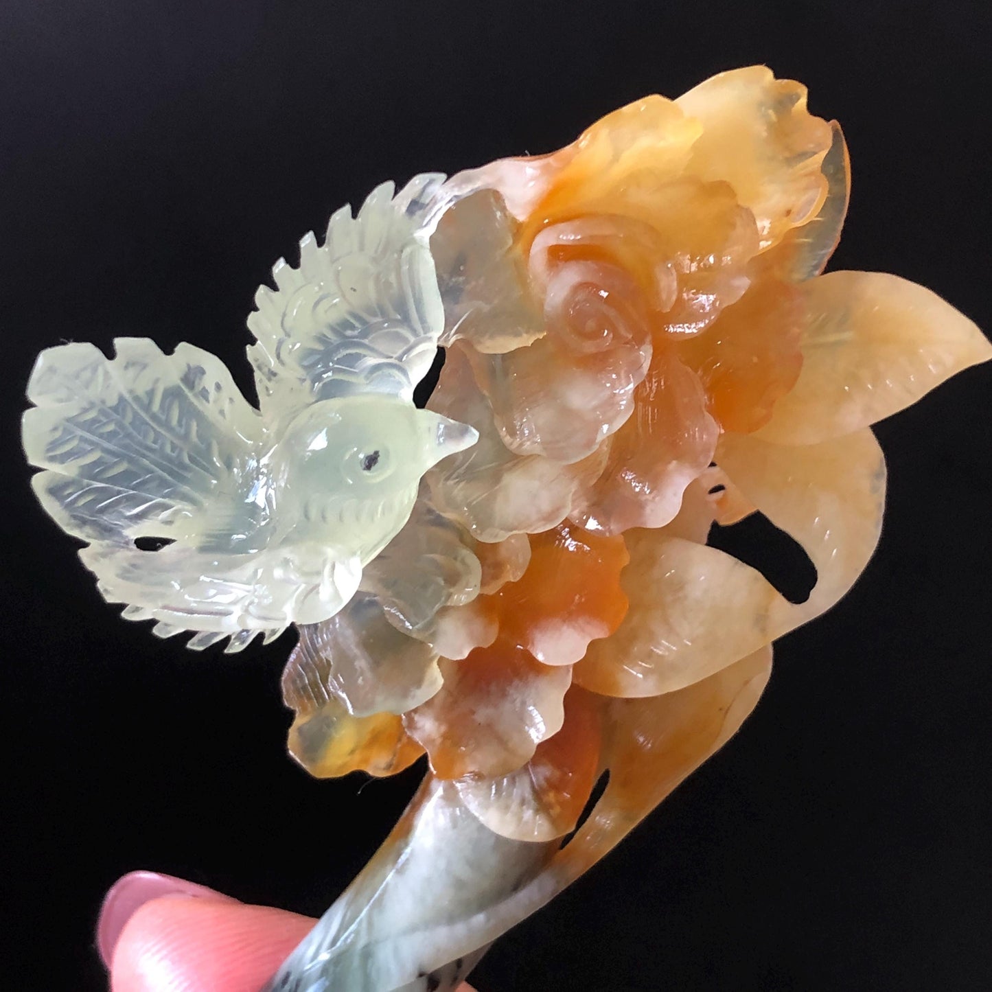 Xiu Jade Bird & Flowers Hand Carved Hair Pin: Certificate Natural multicolor Serpentine Yellow Orange White Green Jade Hair Stick 3D stone carving Hair Jewelry Asian Chinese Vintage Style Gift for her white jade green jade carving yellow jade orange jade bird carving flower carving hand carved jade hand engraved bird certificate certified untreated jade korean hairpin japanese hair stick chinese hair comb vinatge hair fork multicolor jade bird lover gift hair claw hair crown