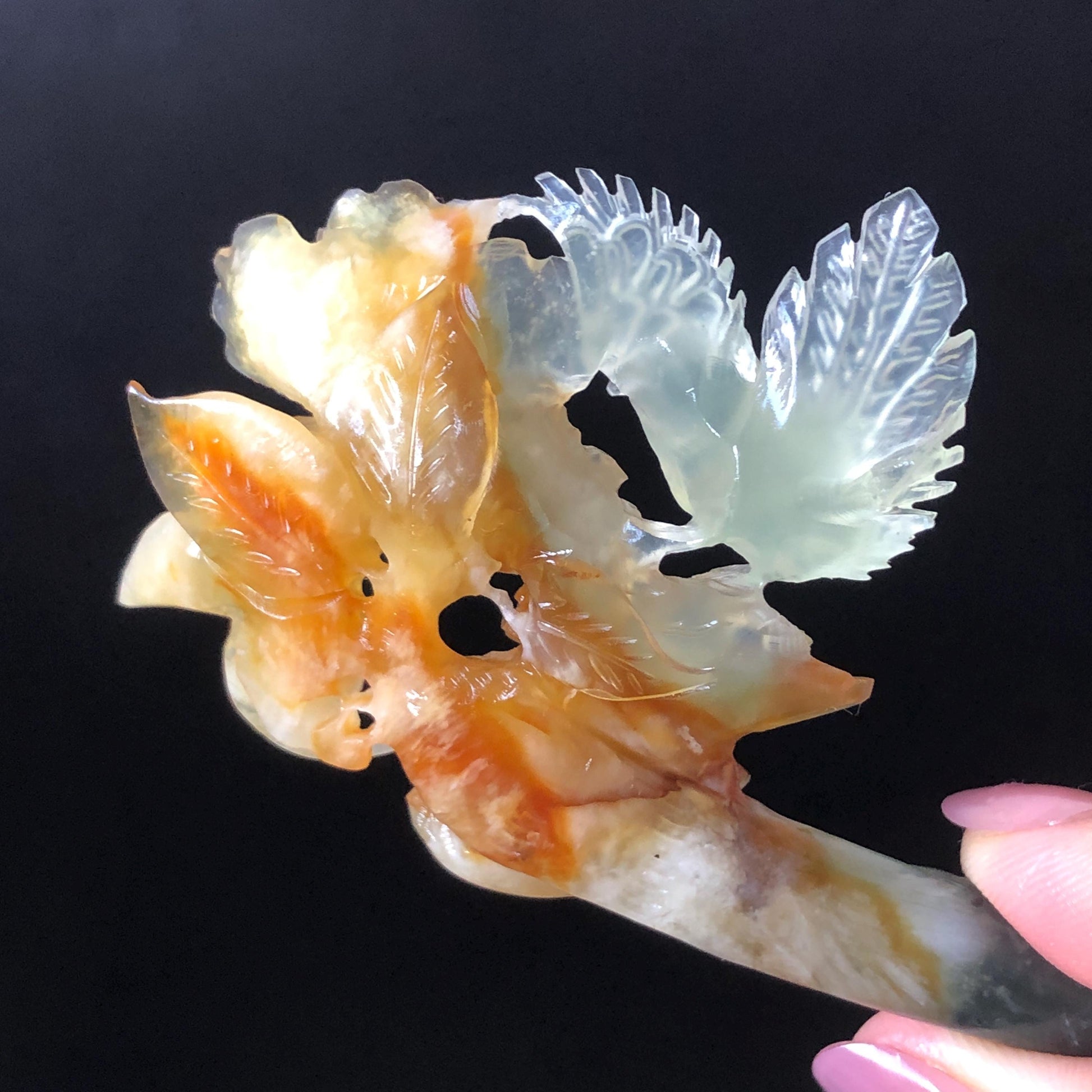Xiu Jade Bird & Flowers Hand Carved Hair Pin: Certificate Natural multicolor Serpentine Yellow Orange White Green Jade Hair Stick 3D stone carving Hair Jewelry Asian Chinese Vintage Style Gift for her white jade green jade carving yellow jade orange jade bird carving flower carving hand carved jade hand engraved bird certificate certified untreated jade korean hairpin japanese hair stick chinese hair comb vinatge hair fork multicolor jade bird lover gift hair claw hair crown