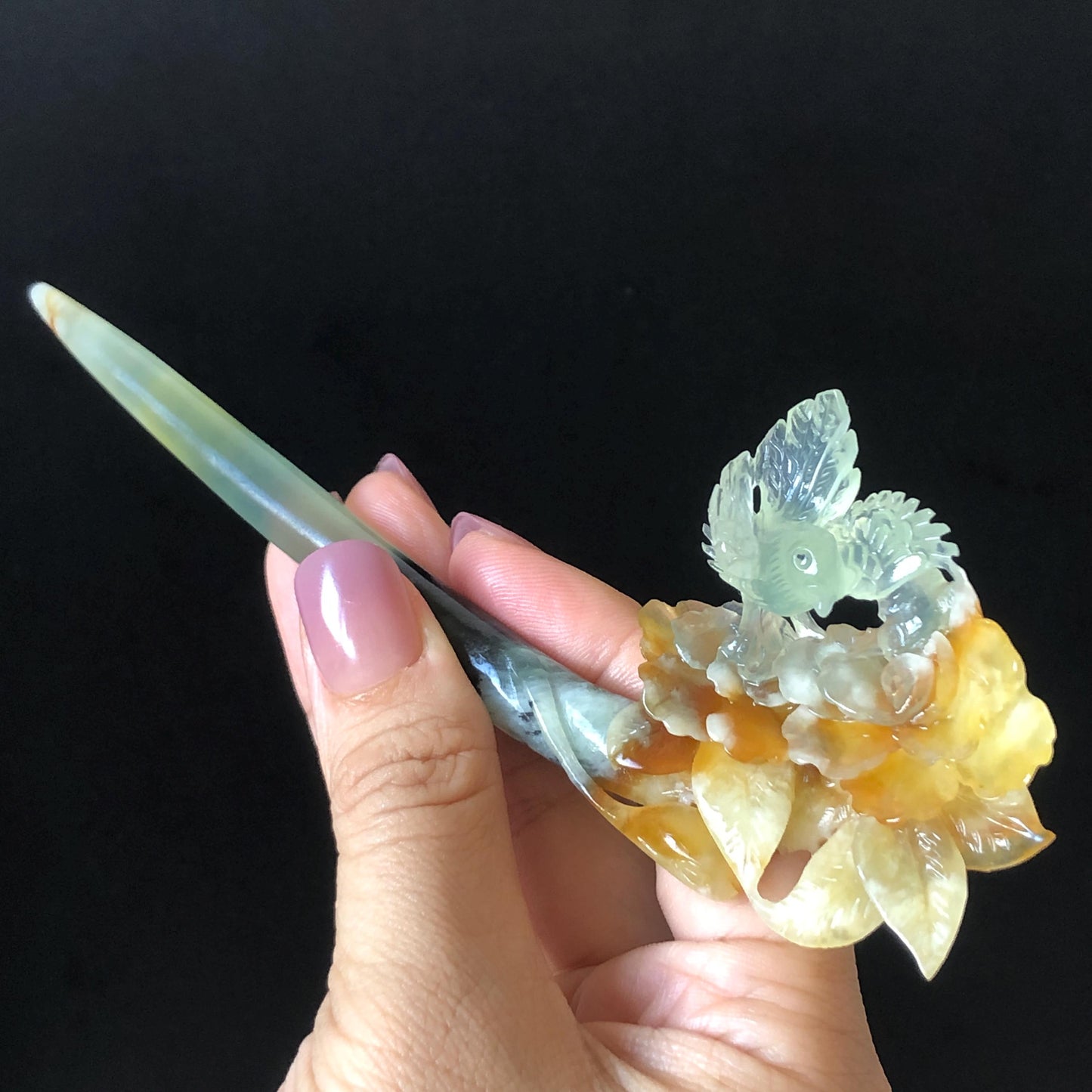 Xiu Jade Bird & Flowers Hand Carved Hair Pin: Certificate Natural multicolor Serpentine Yellow Orange White Green Jade Hair Stick 3D stone carving Hair Jewelry Asian Chinese Vintage Style Gift for her white jade green jade carving yellow jade orange jade bird carving flower carving hand carved jade hand engraved bird certificate certified untreated jade korean hairpin japanese hair stick chinese hair comb vinatge hair fork multicolor jade bird lover gift hair claw hair crown