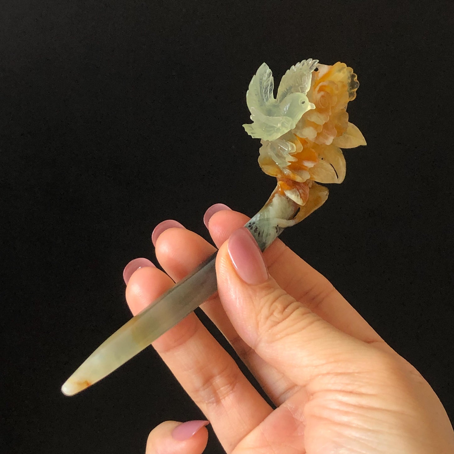 Xiu Jade Bird & Flowers Hand Carved Hair Pin: Certificate Natural multicolor Serpentine Yellow Orange White Green Jade Hair Stick 3D stone carving Hair Jewelry Asian Chinese Vintage Style Gift for her white jade green jade carving yellow jade orange jade bird carving flower carving hand carved jade hand engraved bird certificate certified untreated jade korean hairpin japanese hair stick chinese hair comb vinatge hair fork multicolor jade bird lover gift hair claw hair crown