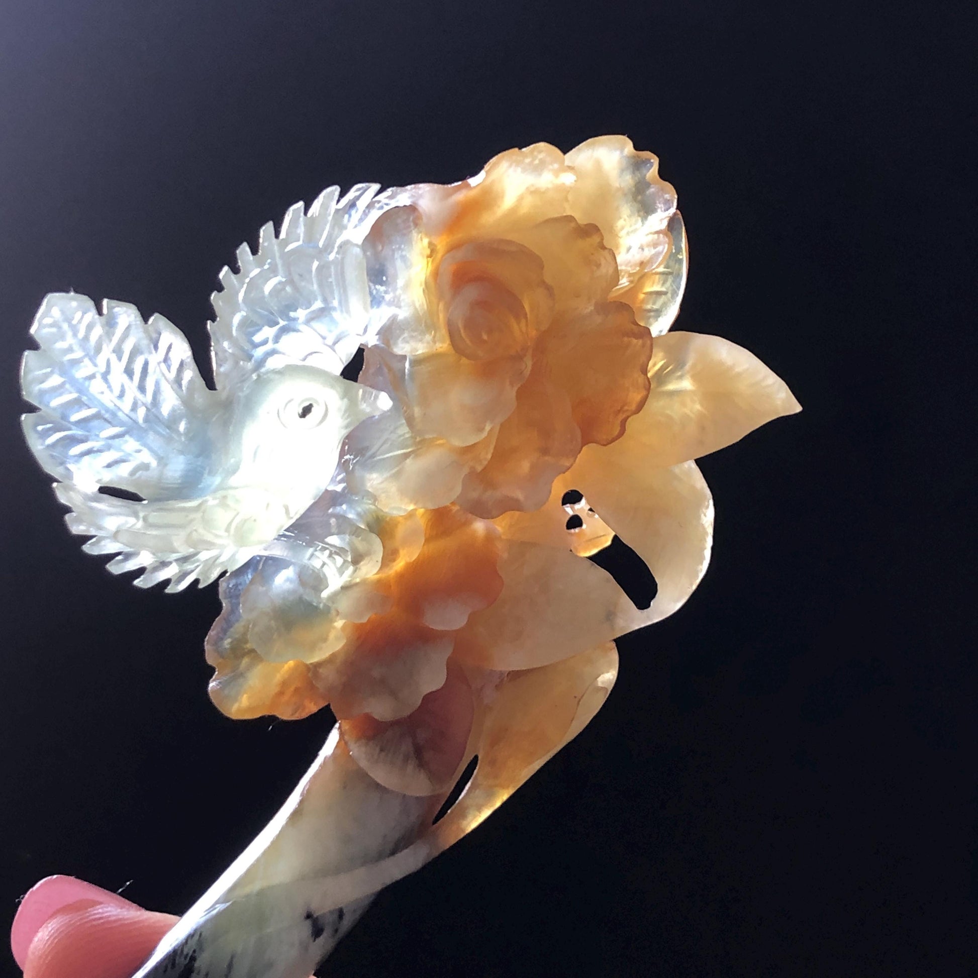 Xiu Jade Bird & Flowers Hand Carved Hair Pin: Certificate Natural multicolor Serpentine Yellow Orange White Green Jade Hair Stick 3D stone carving Hair Jewelry Asian Chinese Vintage Style Gift for her white jade green jade carving yellow jade orange jade bird carving flower carving hand carved jade hand engraved bird certificate certified untreated jade korean hairpin japanese hair stick chinese hair comb vinatge hair fork multicolor jade bird lover gift hair claw hair crown