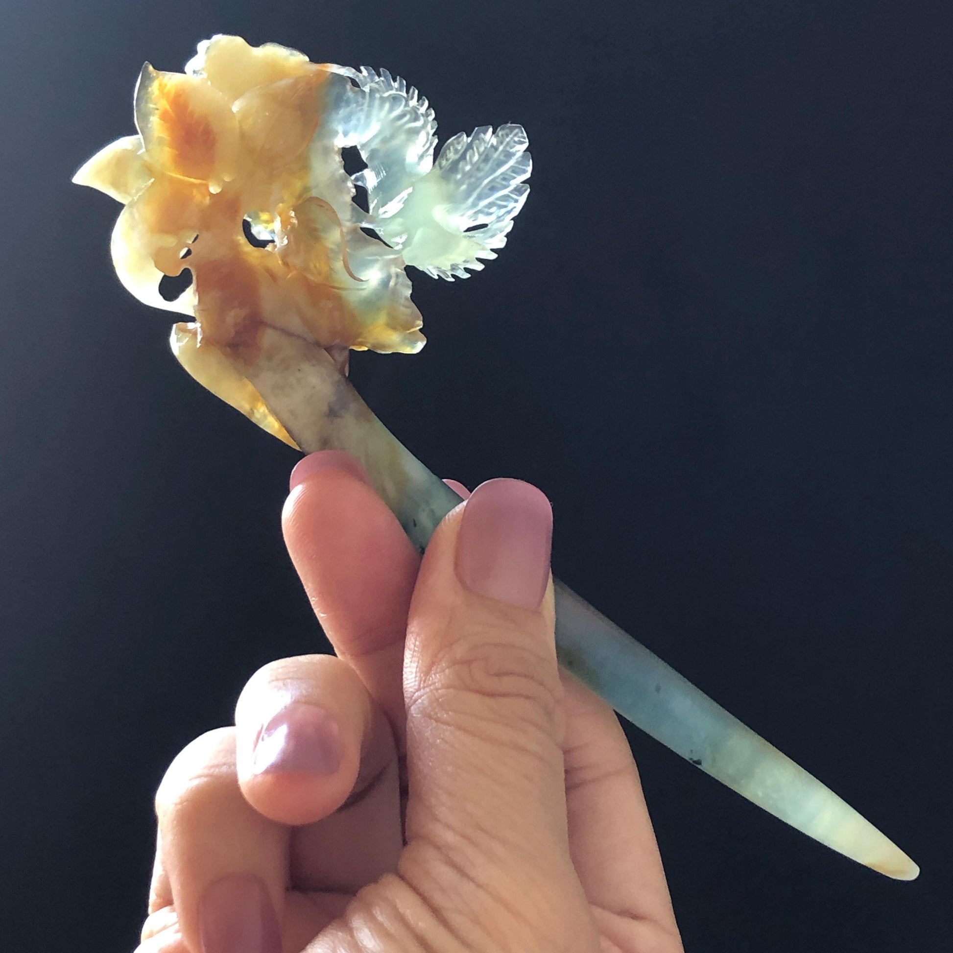 Xiu Jade Bird & Flowers Hand Carved Hair Pin: Certificate Natural multicolor Serpentine Yellow Orange White Green Jade Hair Stick 3D stone carving Hair Jewelry Asian Chinese Vintage Style Gift for her white jade green jade carving yellow jade orange jade bird carving flower carving hand carved jade hand engraved bird certificate certified untreated jade korean hairpin japanese hair stick chinese hair comb vinatge hair fork multicolor jade bird lover gift hair claw hair crown