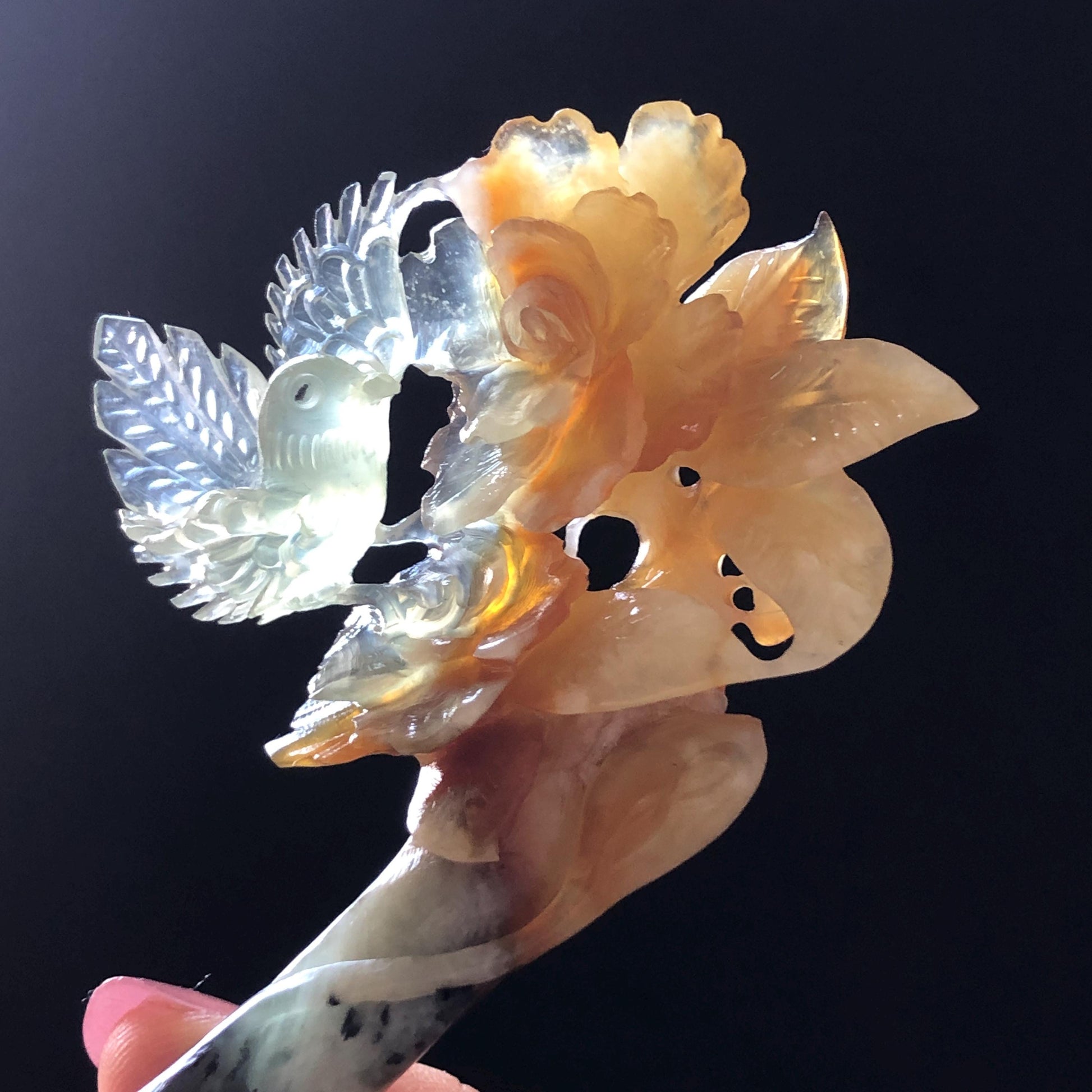 Xiu Jade Bird & Flowers Hand Carved Hair Pin: Certificate Natural multicolor Serpentine Yellow Orange White Green Jade Hair Stick 3D stone carving Hair Jewelry Asian Chinese Vintage Style Gift for her white jade green jade carving yellow jade orange jade bird carving flower carving hand carved jade hand engraved bird certificate certified untreated jade korean hairpin japanese hair stick chinese hair comb vinatge hair fork multicolor jade bird lover gift hair claw hair crown