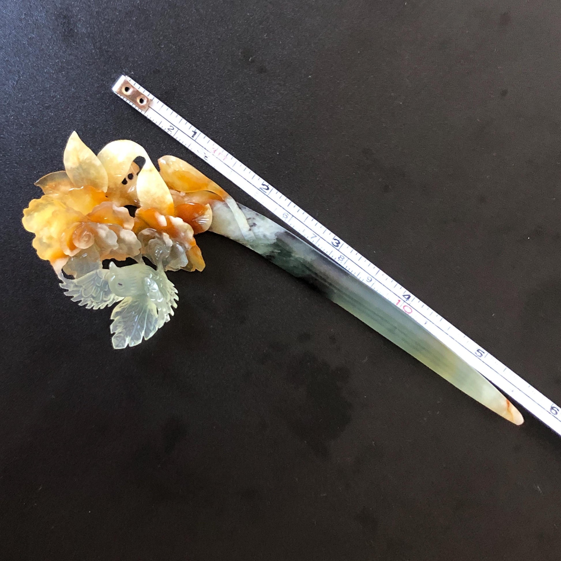 Xiu Jade Bird & Flowers Hand Carved Hair Pin: Certificate Natural multicolor Serpentine Yellow Orange White Green Jade Hair Stick 3D stone carving Hair Jewelry Asian Chinese Vintage Style Gift for her white jade green jade carving yellow jade orange jade bird carving flower carving hand carved jade hand engraved bird certificate certified untreated jade korean hairpin japanese hair stick chinese hair comb vinatge hair fork multicolor jade bird lover gift hair claw hair crown
