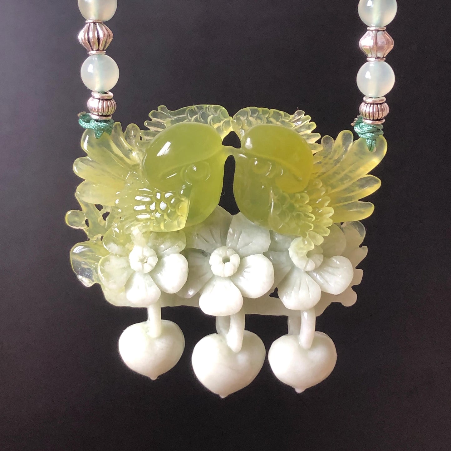 Xiu Jade Hand Carved Magpie Birds Flower Pendant Heart Dangle Adjustable Necklace: Certified Natural Serpentine Green & White Stone Crystal Gemstone Jewellery Gift for her, green jade carving white jade Braided necklace plum blossom carving flower carving hand engraved flower chinese jade pendant necklace vintage necklace antique necklace certificate jade natural untreated jade with certificate certified jade modern necklace bird carving wedding gift bridal shower gift pendant dangle