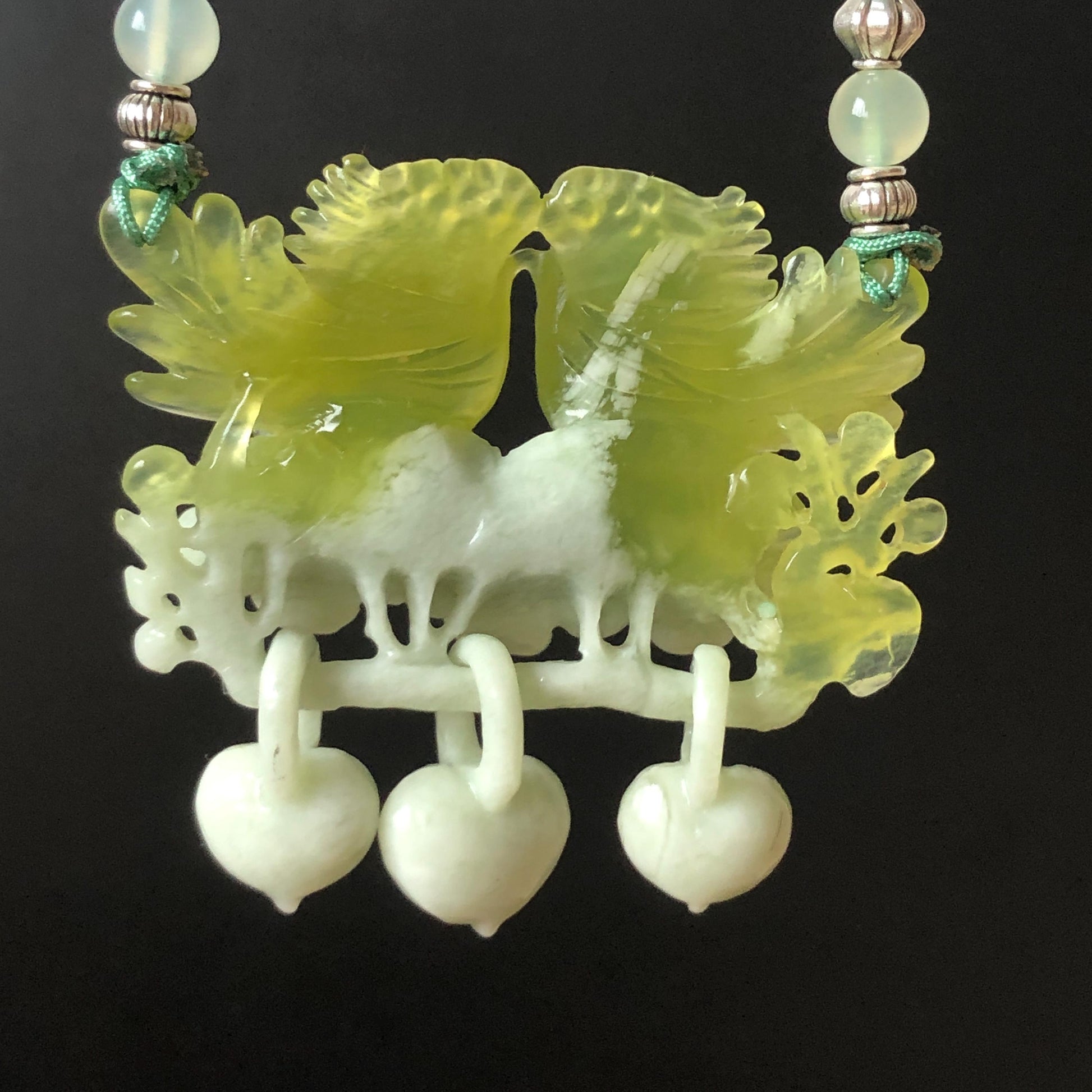 Xiu Jade Hand Carved Magpie Birds Flower Pendant Heart Dangle Adjustable Necklace: Certified Natural Serpentine Green & White Stone Crystal Gemstone Jewellery Gift for her, green jade carving white jade Braided necklace plum blossom carving flower carving hand engraved flower chinese jade pendant necklace vintage necklace antique necklace certificate jade natural untreated jade with certificate certified jade modern necklace bird carving wedding gift bridal shower gift pendant dangle