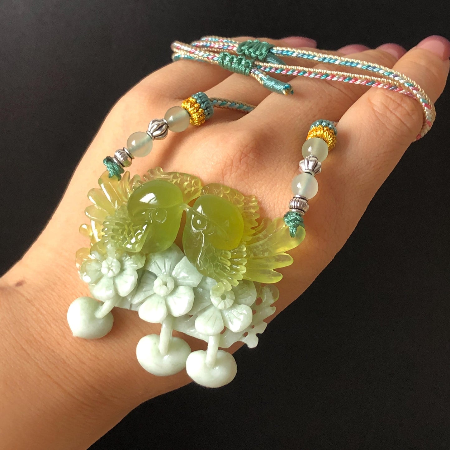 Xiu Jade Hand Carved Magpie Birds Flower Pendant Heart Dangle Adjustable Necklace: Certified Natural Serpentine Green & White Stone Crystal Gemstone Jewellery Gift for her, green jade carving white jade Braided necklace plum blossom carving flower carving hand engraved flower chinese jade pendant necklace vintage necklace antique necklace certificate jade natural untreated jade with certificate certified jade modern necklace bird carving wedding gift bridal shower gift pendant dangle