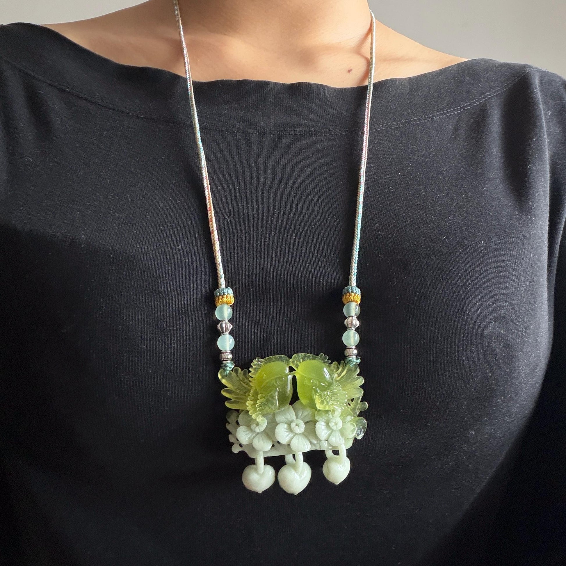 Xiu Jade Hand Carved Magpie Birds Flower Pendant Heart Dangle Adjustable Necklace: Certified Natural Serpentine Green & White Stone Crystal Gemstone Jewellery Gift for her, green jade carving white jade Braided necklace plum blossom carving flower carving hand engraved flower chinese jade pendant necklace vintage necklace antique necklace certificate jade natural untreated jade with certificate certified jade modern necklace bird carving wedding gift bridal shower gift pendant dangle