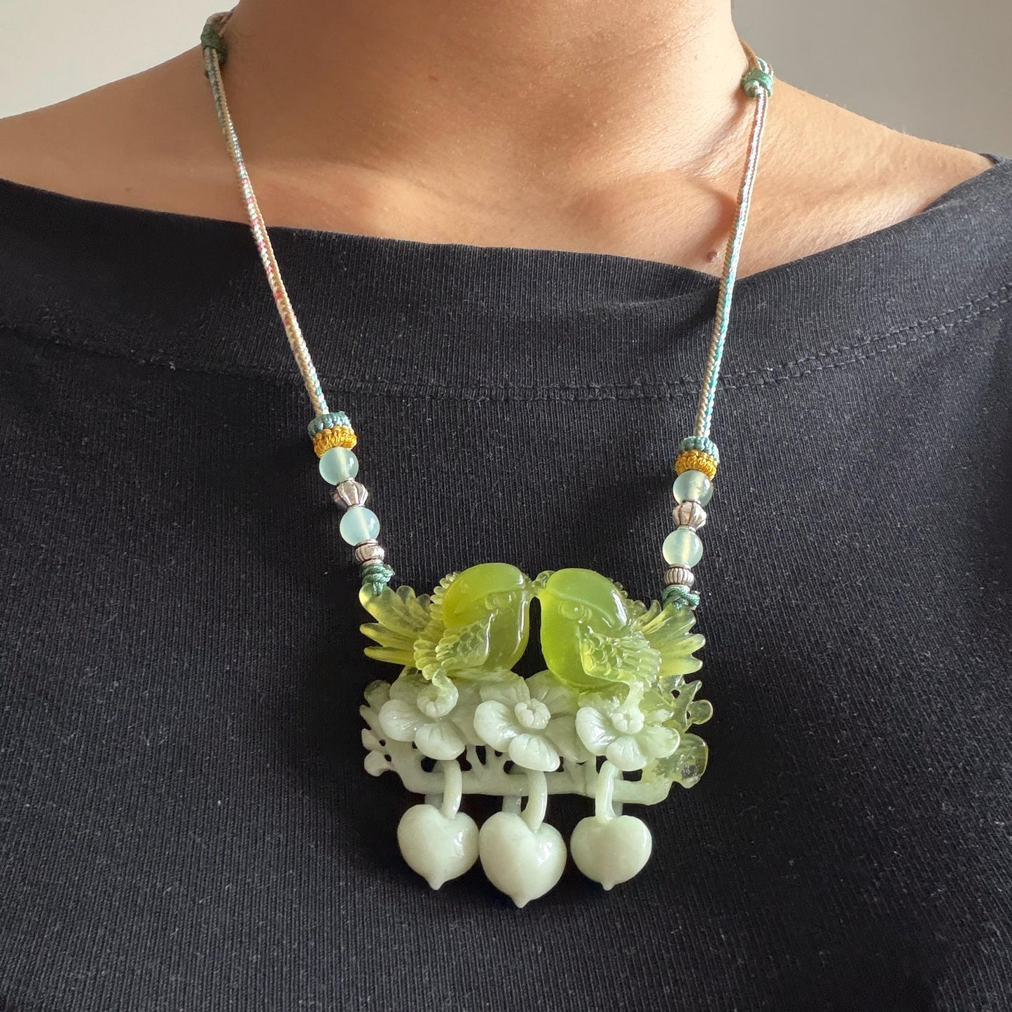 Xiu Jade Hand Carved Magpie Birds Flower Pendant Heart Dangle Adjustable Necklace: Certified Natural Serpentine Green & White Stone Crystal Gemstone Jewellery Gift for her, green jade carving white jade Braided necklace plum blossom carving flower carving hand engraved flower chinese jade pendant necklace vintage necklace antique necklace certificate jade natural untreated jade with certificate certified jade modern necklace bird carving wedding gift bridal shower gift pendant dangle