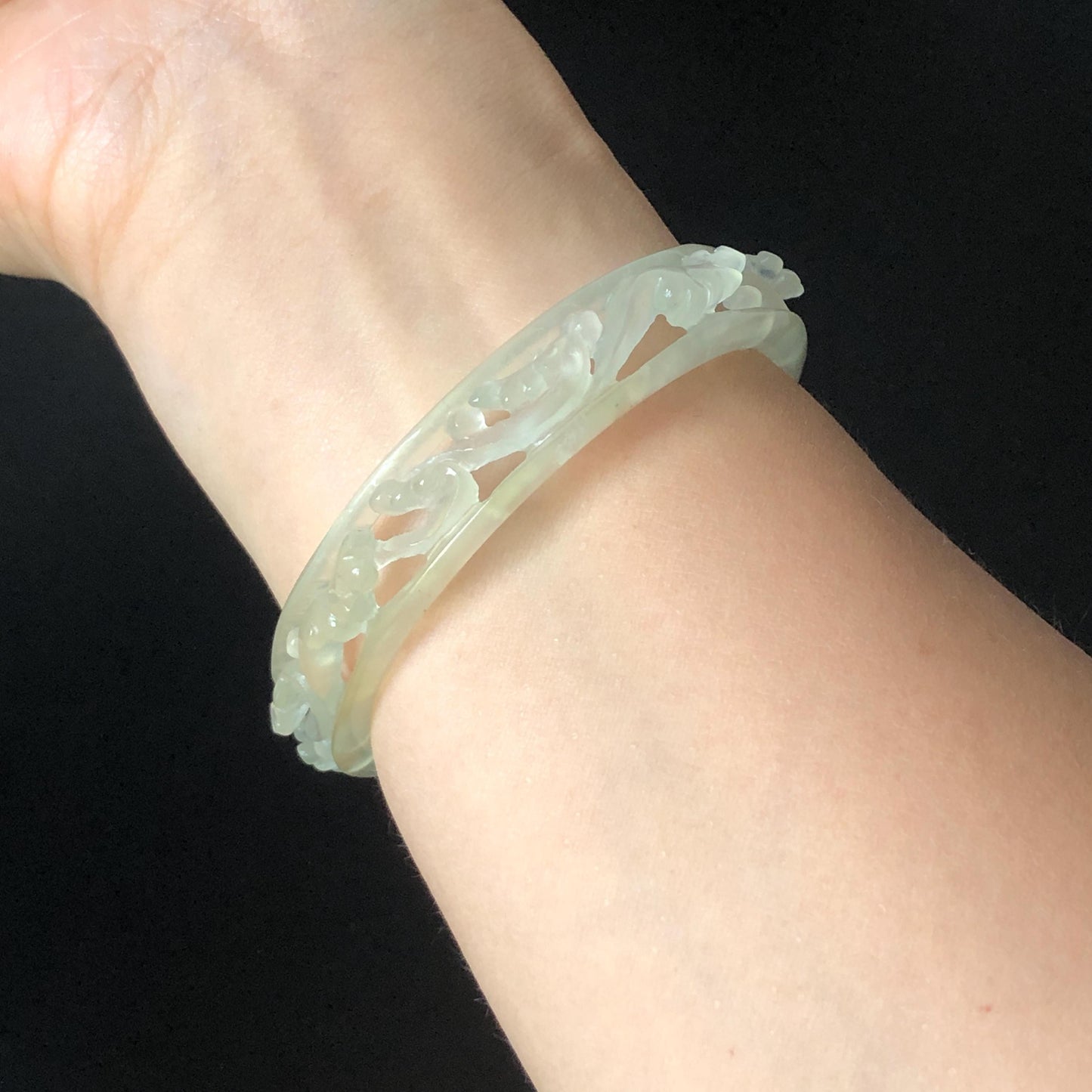 Custom Size 50-65mm! Xiu Jade Sea Wave Hand Carved Bangle: Certified Natural Serpentine Ice White  Jade handcrafted Bracelet 3D stone carving hollow out carving Accept Customized order tailor-made bangle customized gift for her custom size bangle natural jade with certificate bracelet certified white jade carving hand engraved jewelry carving personalized gift make to order antique bracelet chinese untreated jade with certificate birthday gift good fortune icy jade