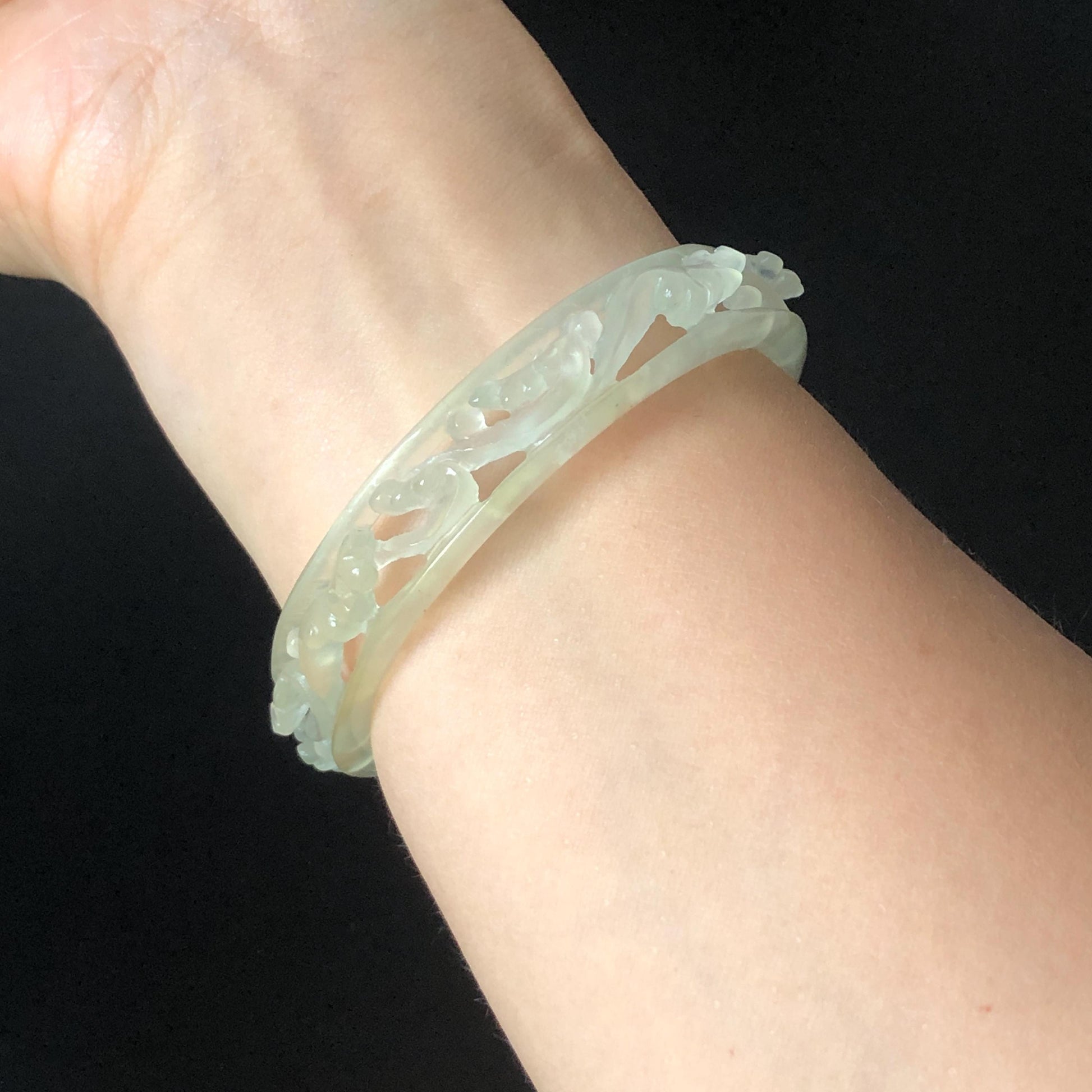 Custom Size 50-65mm! Xiu Jade Sea Wave Hand Carved Bangle: Certified Natural Serpentine Ice White  Jade handcrafted Bracelet 3D stone carving hollow out carving Accept Customized order tailor-made bangle customized gift for her custom size bangle natural jade with certificate bracelet certified white jade carving hand engraved jewelry carving personalized gift make to order antique bracelet chinese untreated jade with certificate birthday gift good fortune icy jade