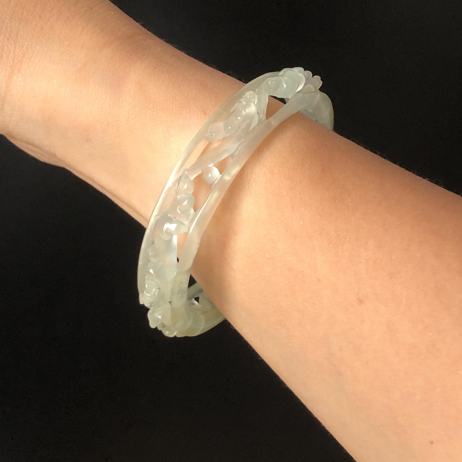 Custom Size 50-65mm! Xiu Jade Sea Wave Hand Carved Bangle: Certified Natural Serpentine Ice White  Jade handcrafted Bracelet 3D stone carving hollow out carving Accept Customized order tailor-made bangle customized gift for her custom size bangle natural jade with certificate bracelet certified white jade carving hand engraved jewelry carving personalized gift make to order antique bracelet chinese untreated jade with certificate birthday gift good fortune icy jade
